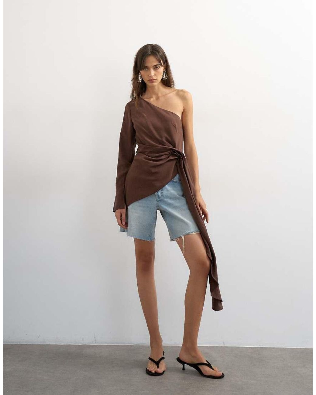TOPSHOP Brown One Shoulder Cinch Side Draped Top