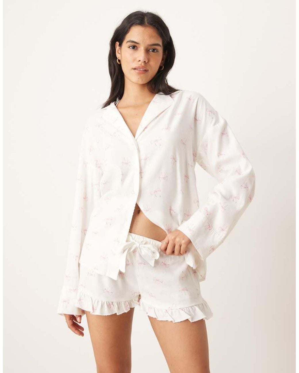 Gina Tricot White Mix And Match Flannel Frill Pyjamas Shorts
