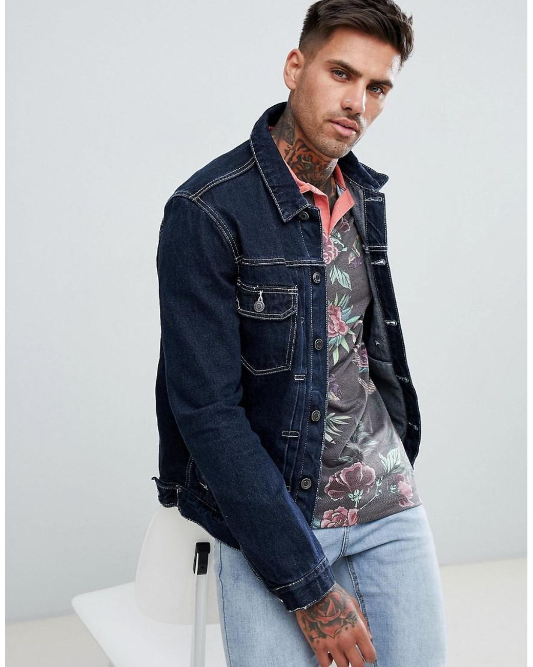 ASOS Raw Denim Jacket With White Stitching in Blue for Men | Lyst Canada