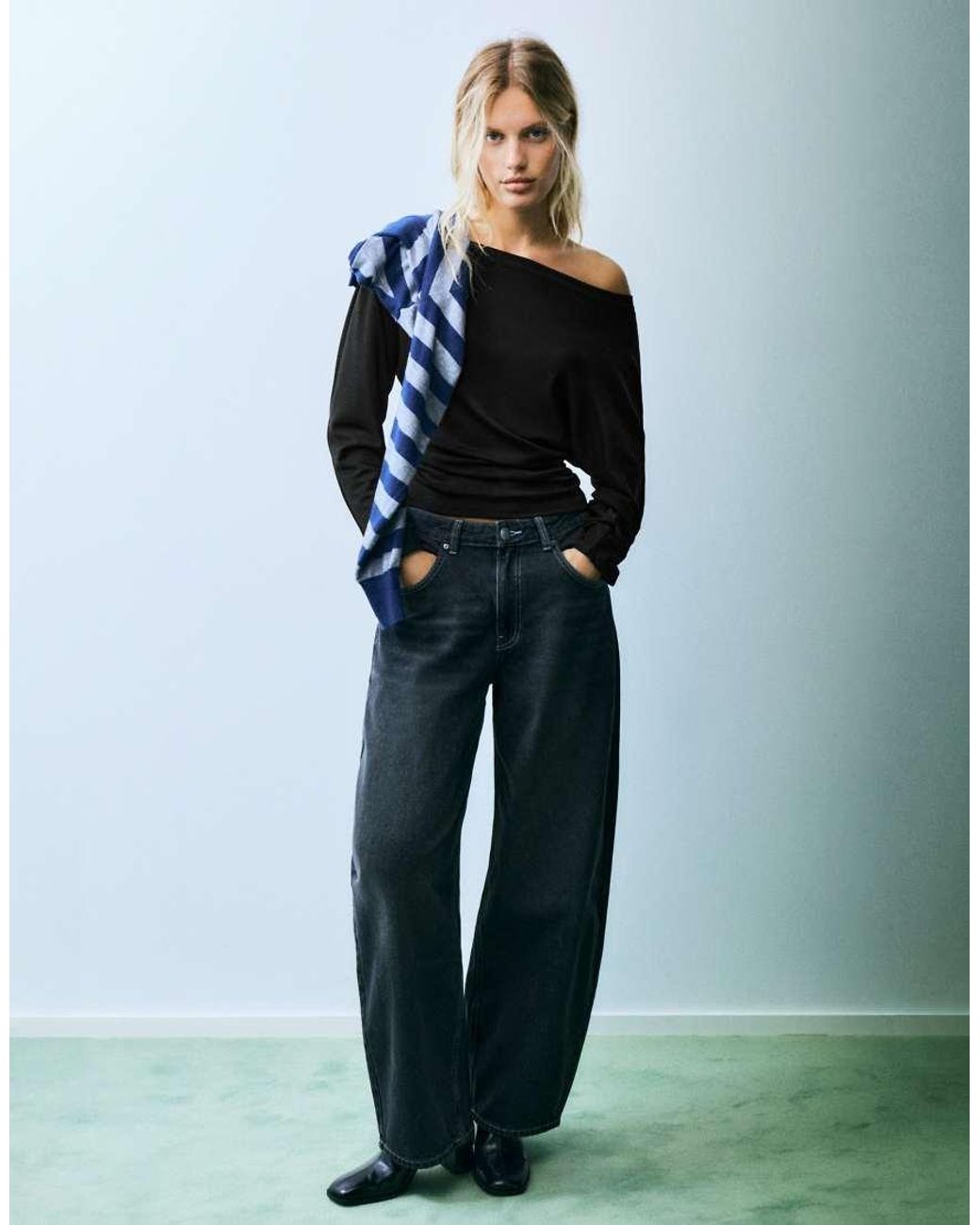 Pull&Bear Black Asymmetric Long Sleeve Top