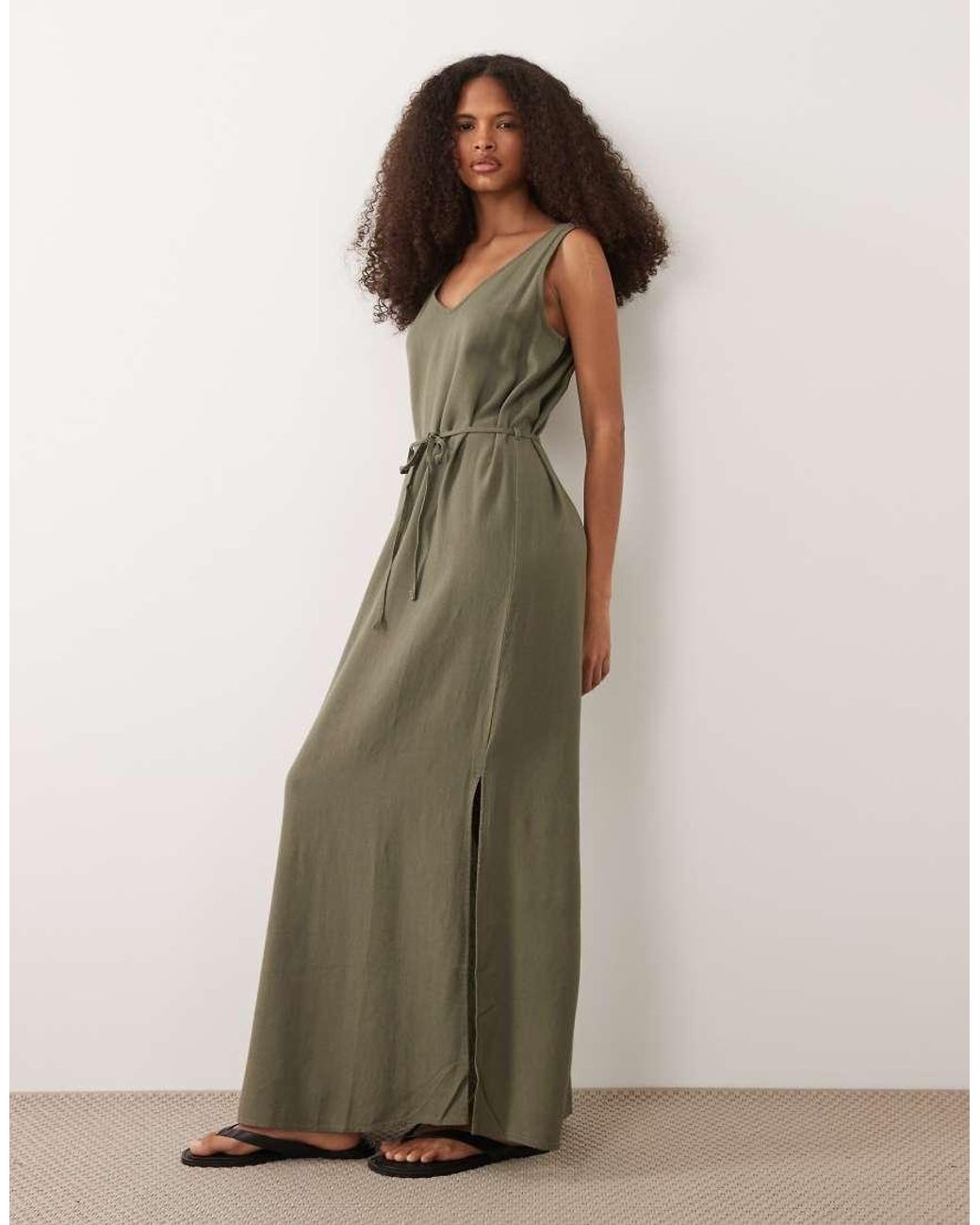Jdy Green Tie Waist Linen Blend Maxi Dress