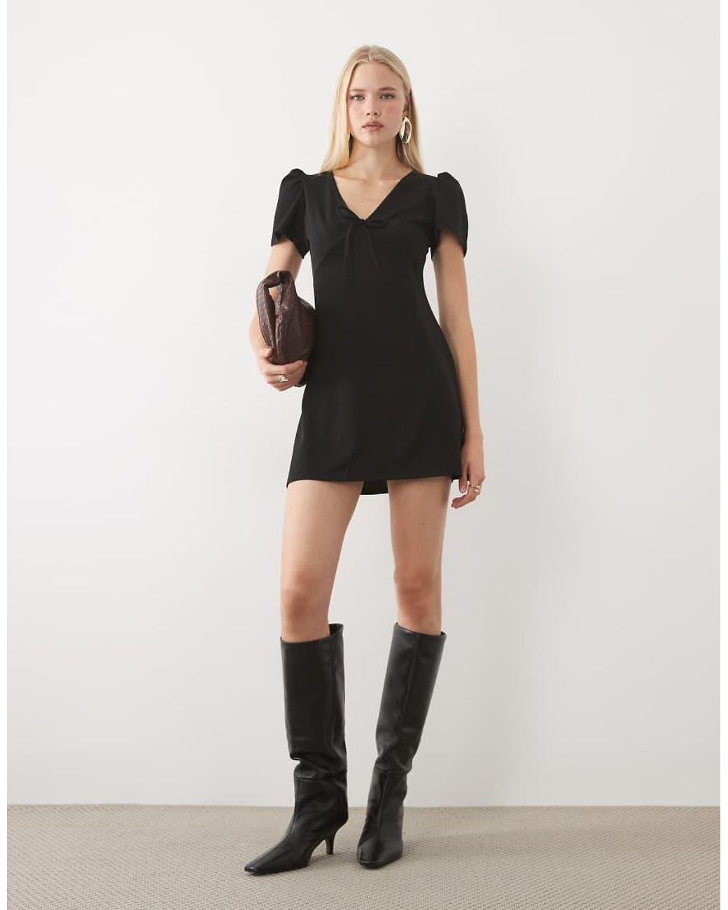 Miss Selfridge Black Mini Dress With Puff Sleeve