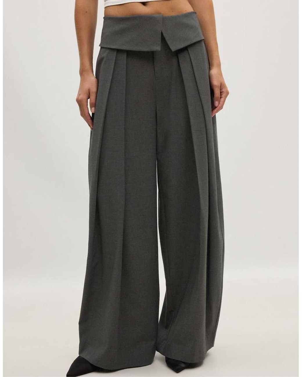 Stradivarius Gray Wide-Leg Trousers With Turned-Up Waistband