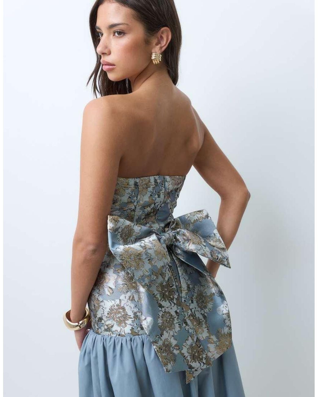 ASOS Blue Jacquard Bodice Drop Waist Maxi Dress With Bow Back