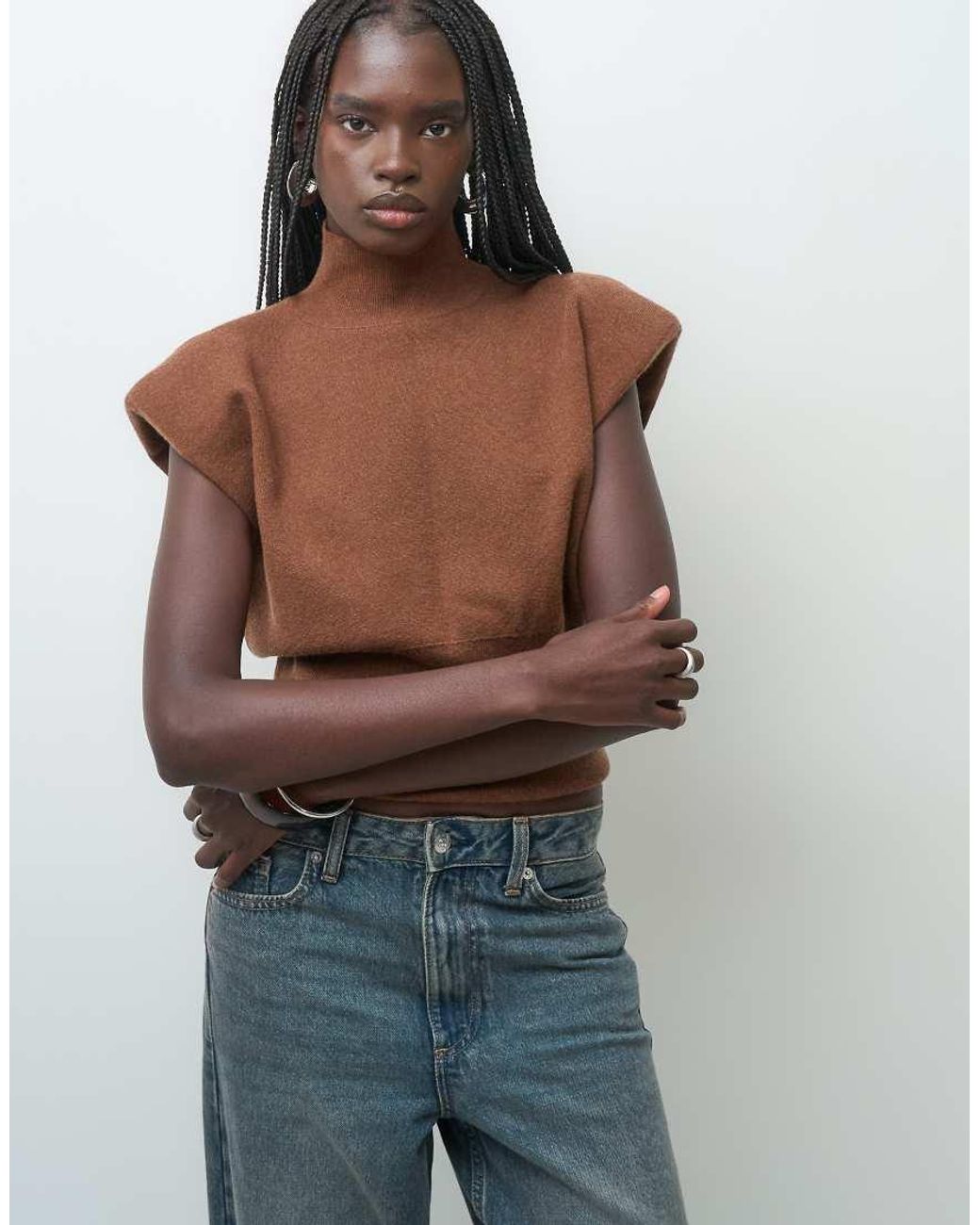 ASOS Red Knitted High Neck Top With Shoulder Pad Details