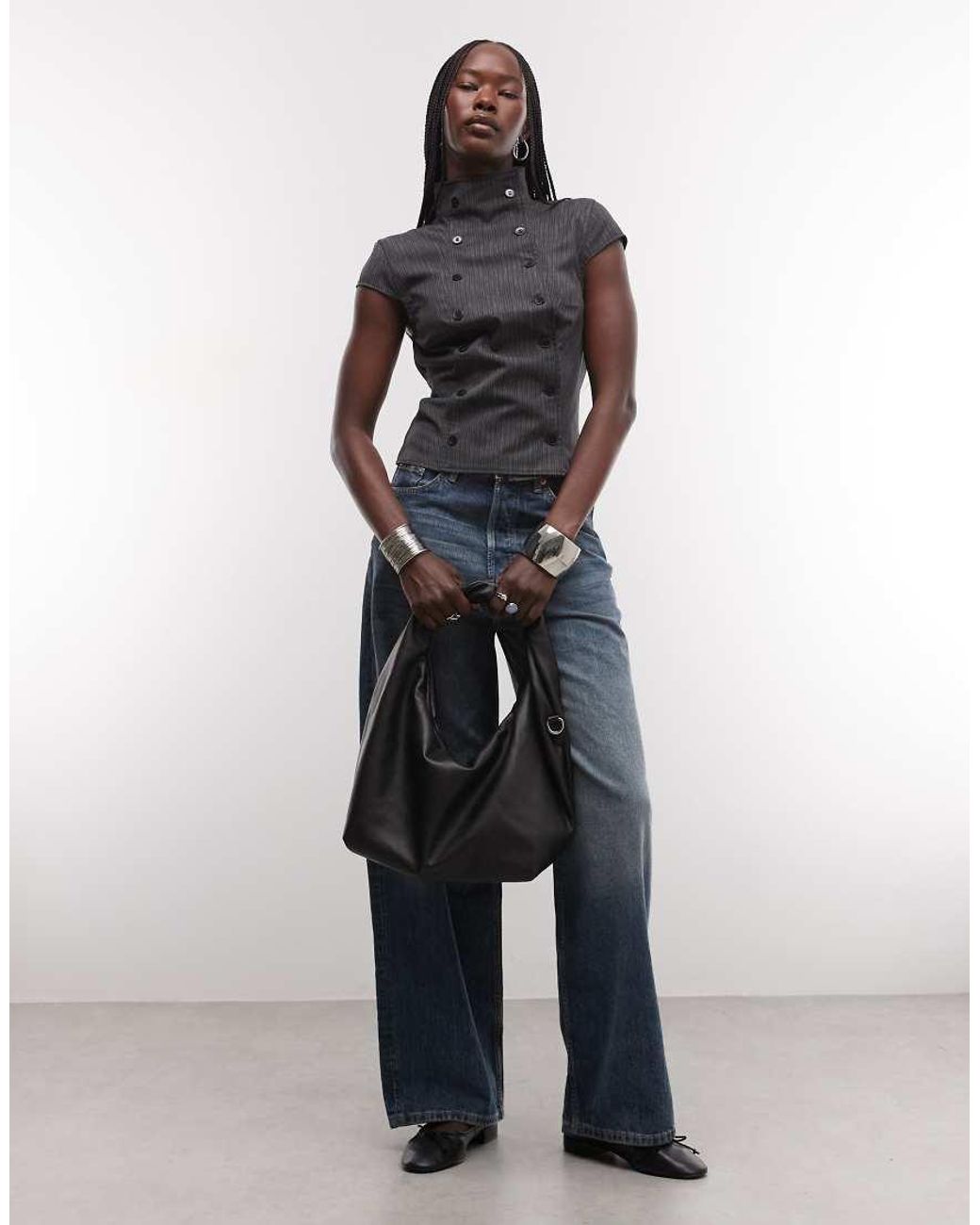 Weekday Blue High Neck Cap Sleeve Top With Buttons