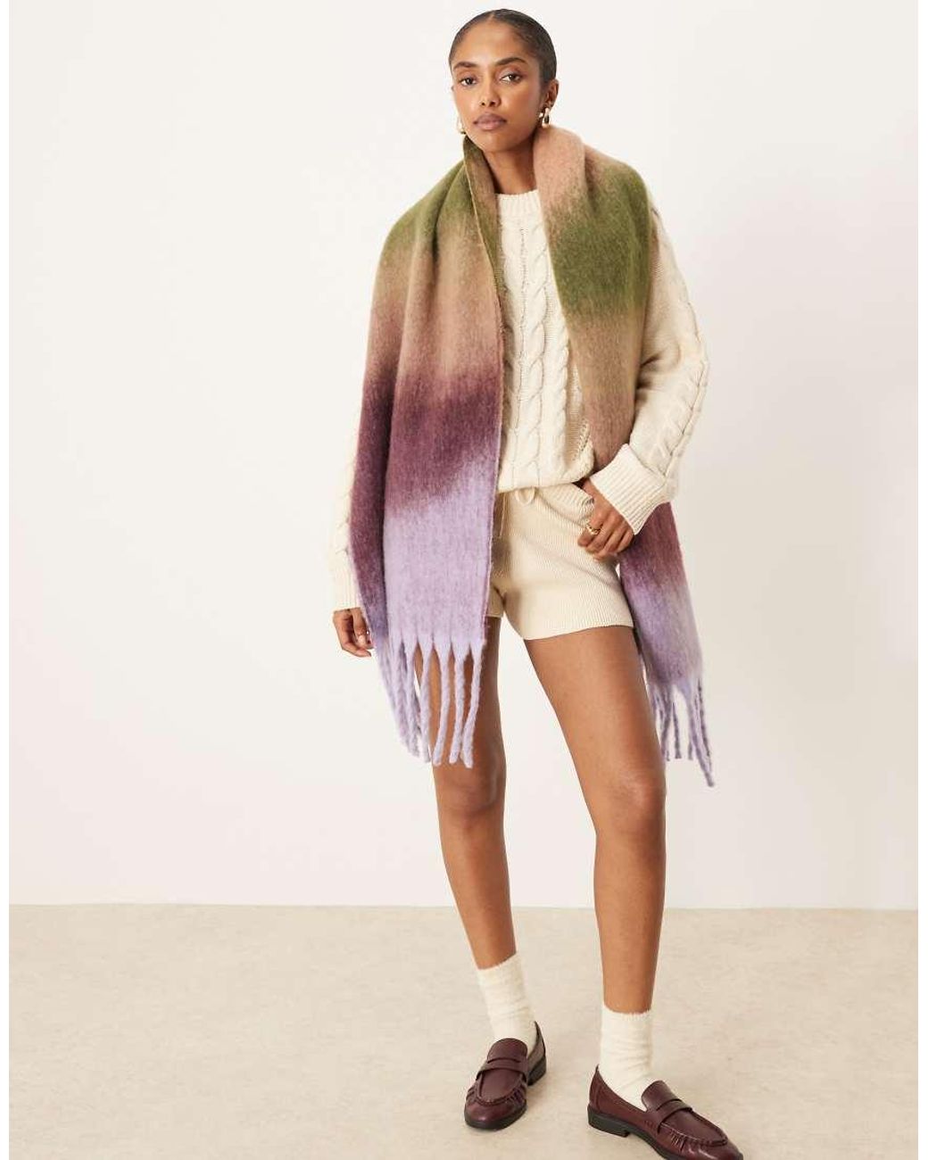Sciarpa Spazzolata Viola E Verde A Righe di ASOS in Natural