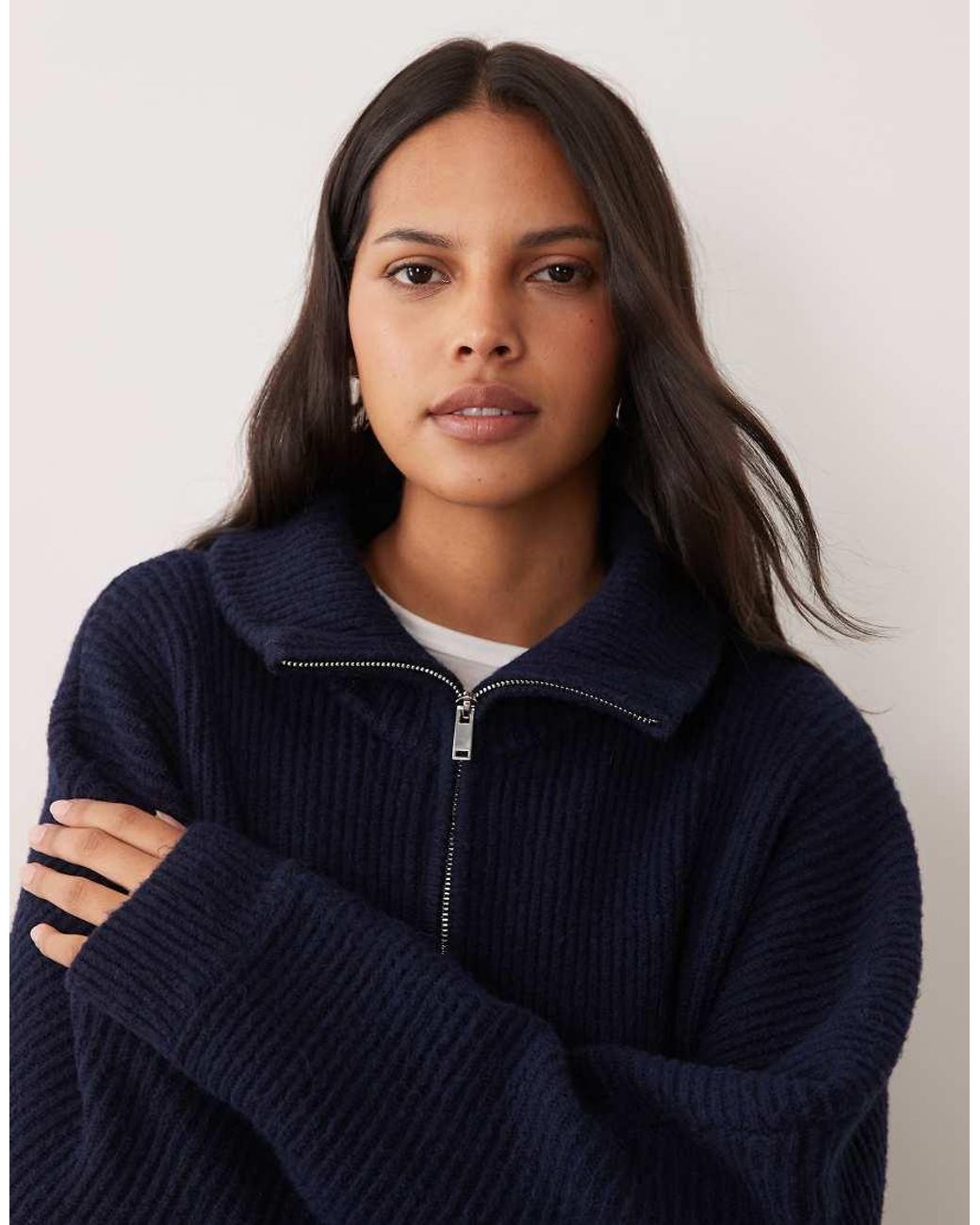 Miss Selfridge Blue Chunky Rib Knit Zip Batwing Cardigan