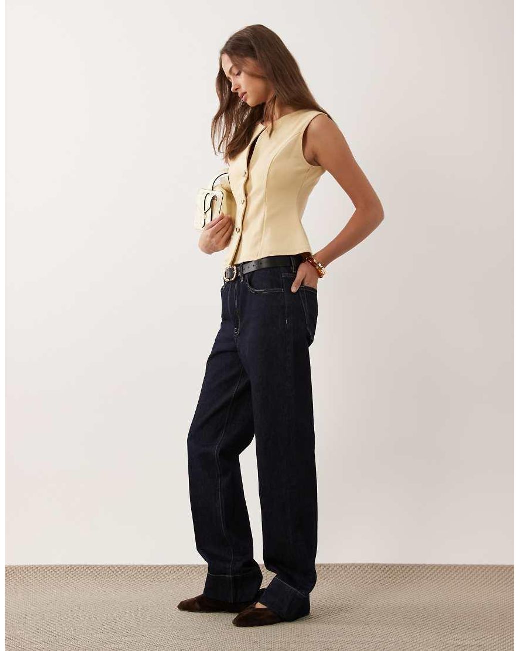 ASOS Natural Interlock Sleeveless Peplum Top With Gold Abstract Button Detail