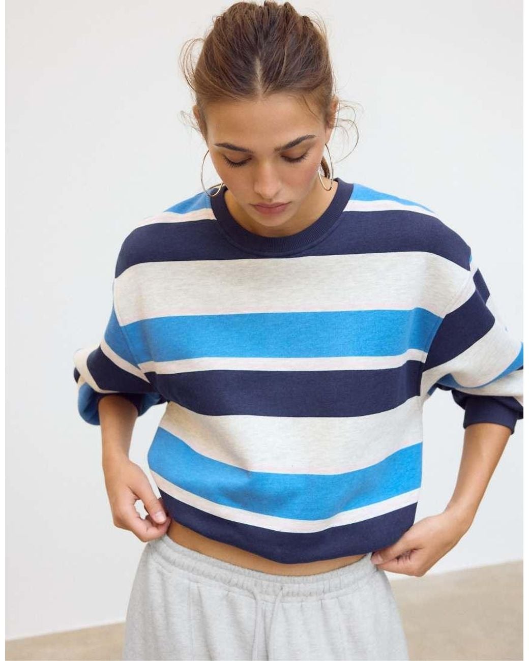 Stradivarius Blue Striped Puff-Hem Sweatshirt