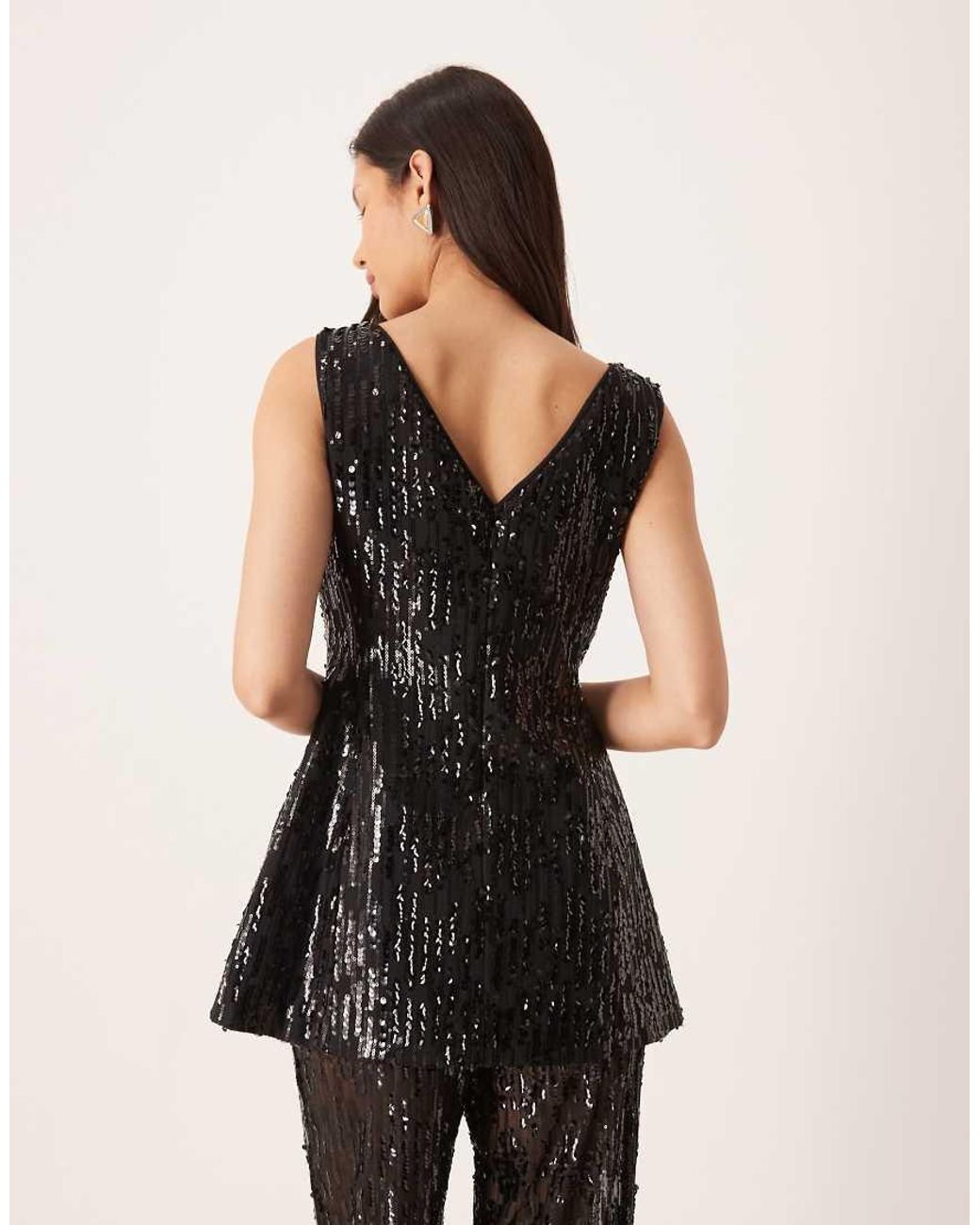 ASOS Black Tailored V Neck Sequin Cinched Waist Peplum Top Co-ord