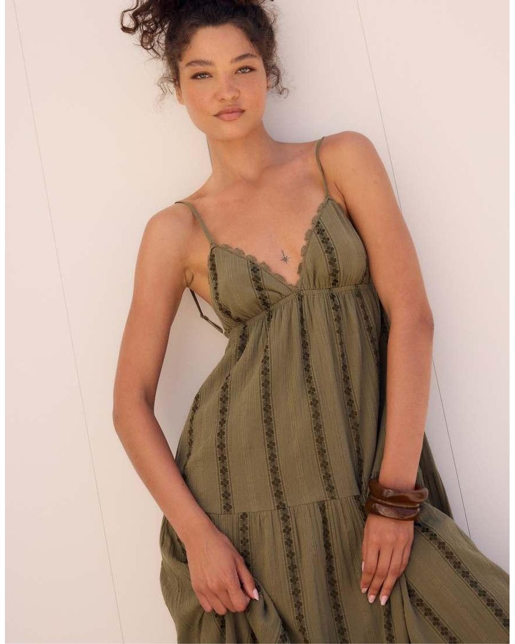 Stradivarius Green Long Flowing Dress With Open Back