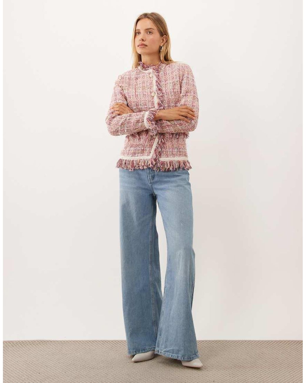 Sister Jane Pink Dream Solace Tweed Collarless Fringe Detail Jacket