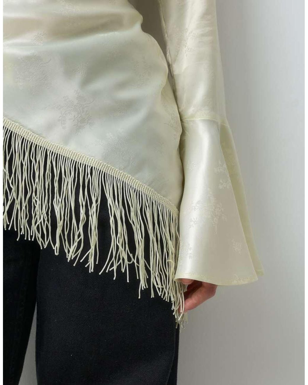 Reclaimed Vintage White Asymmetric Satin Jacquard Blouse With Flare Sleeve