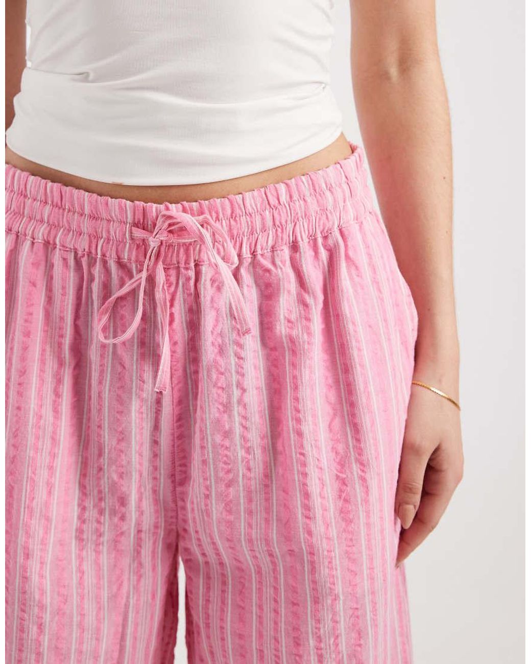 Vero Moda Pink Cotton Seersucker Tie Waist Wide Leg Trouser
