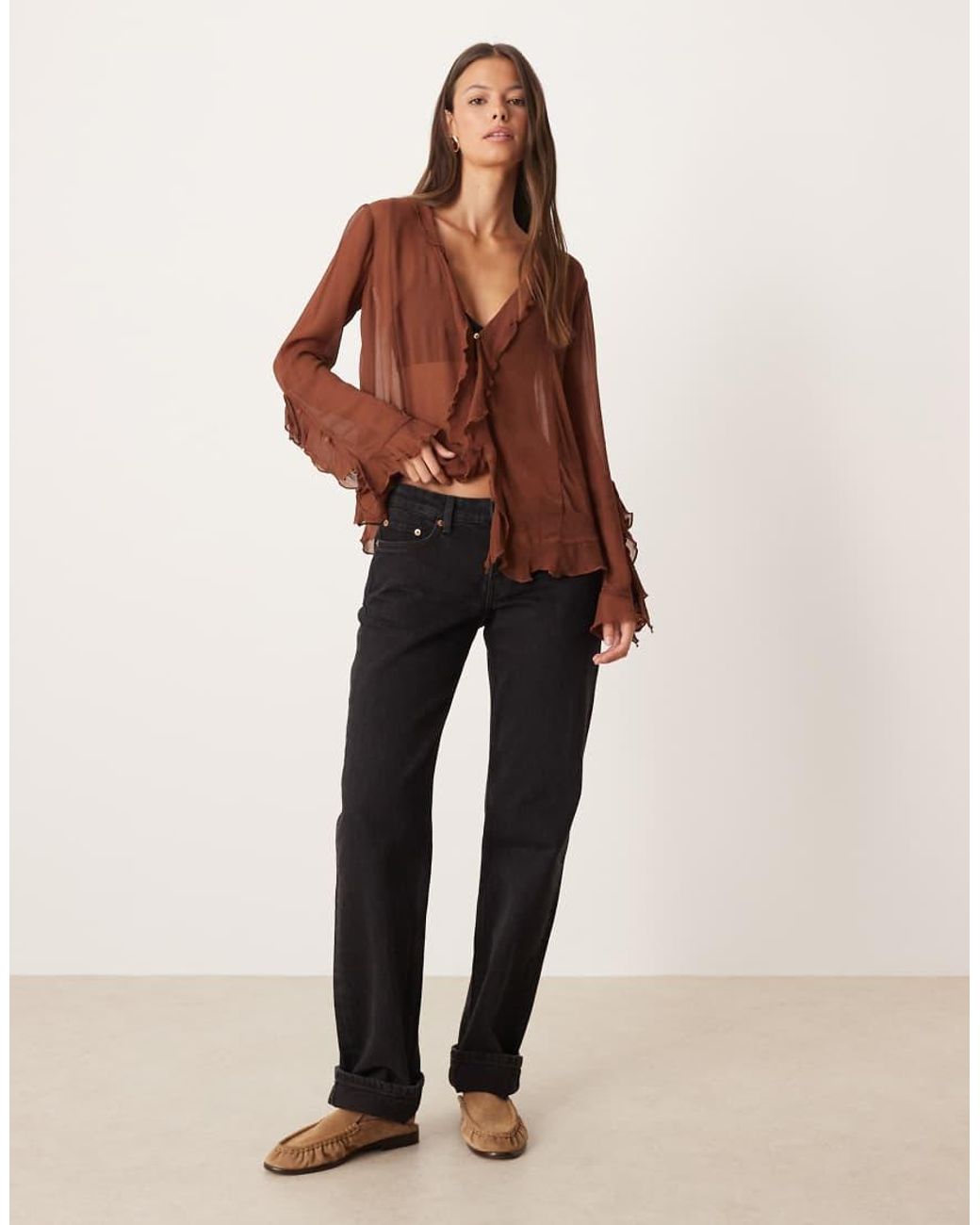 Free People Brown Bali Tulula Chiffon Ruffle Boho Blouse