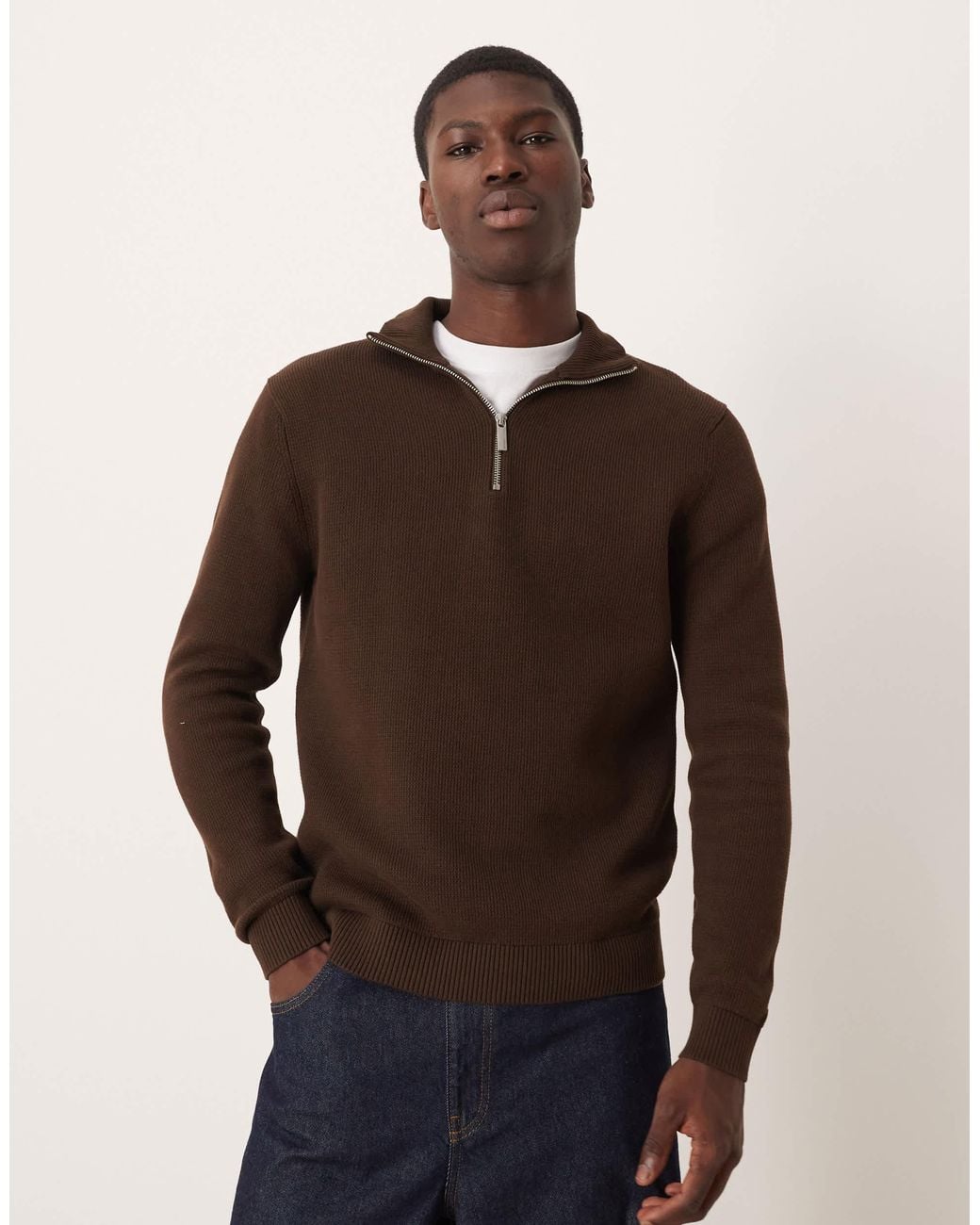 SELECTED Brown 100% Cotton Knitted Half Zip for men