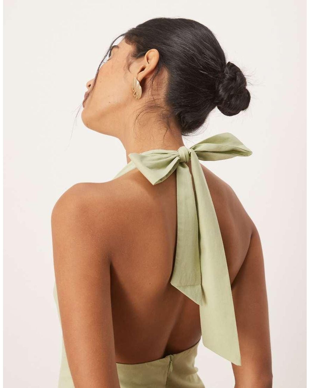 SNDY'S Green Linen Look Metal Detail Halterneck Open Back Mini Dress
