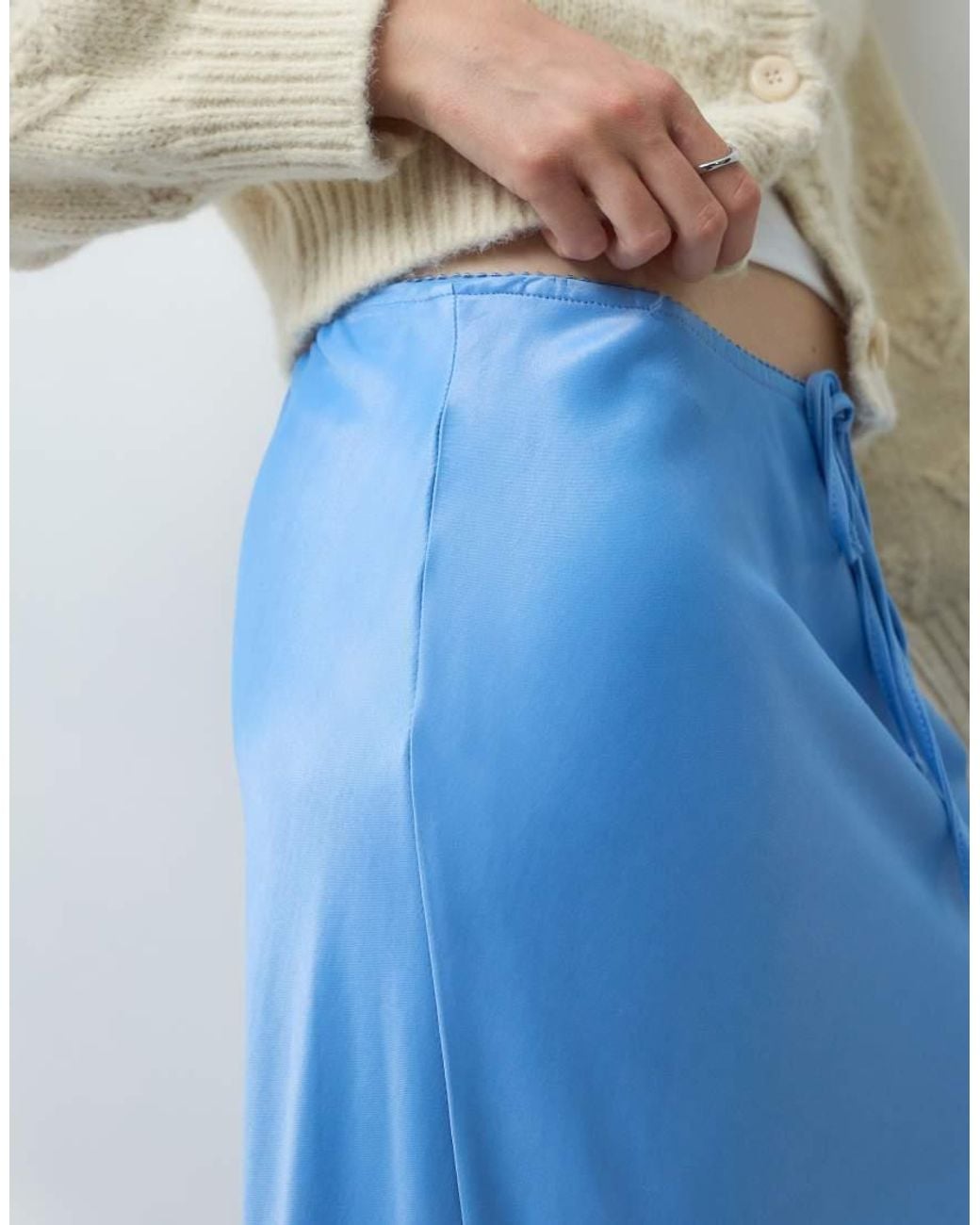 Reclaimed Vintage Blue Awkward Length Satin Midi Skirt With Lace Trim