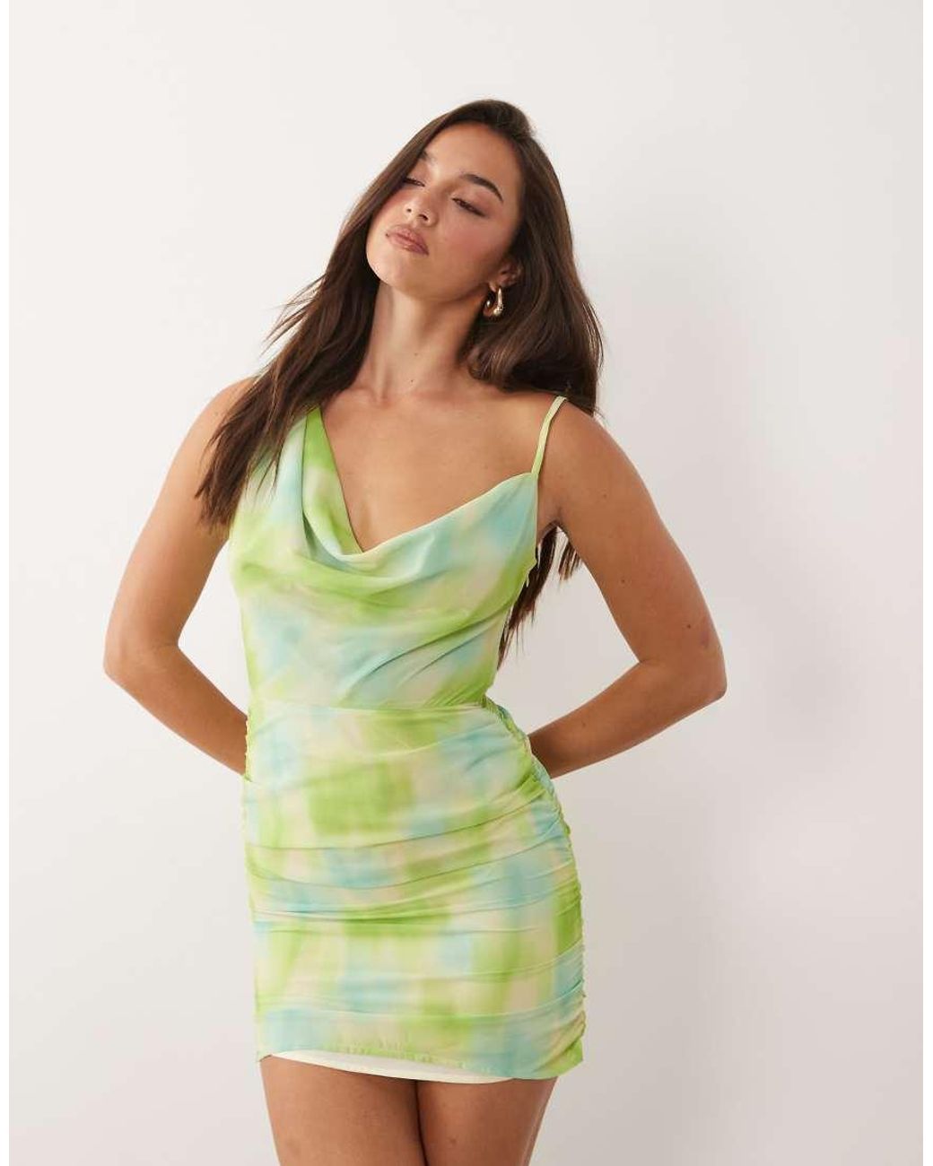 The Frolic Green Exclusive Chiffon Asymmetric Cowl Neck Mini Dress
