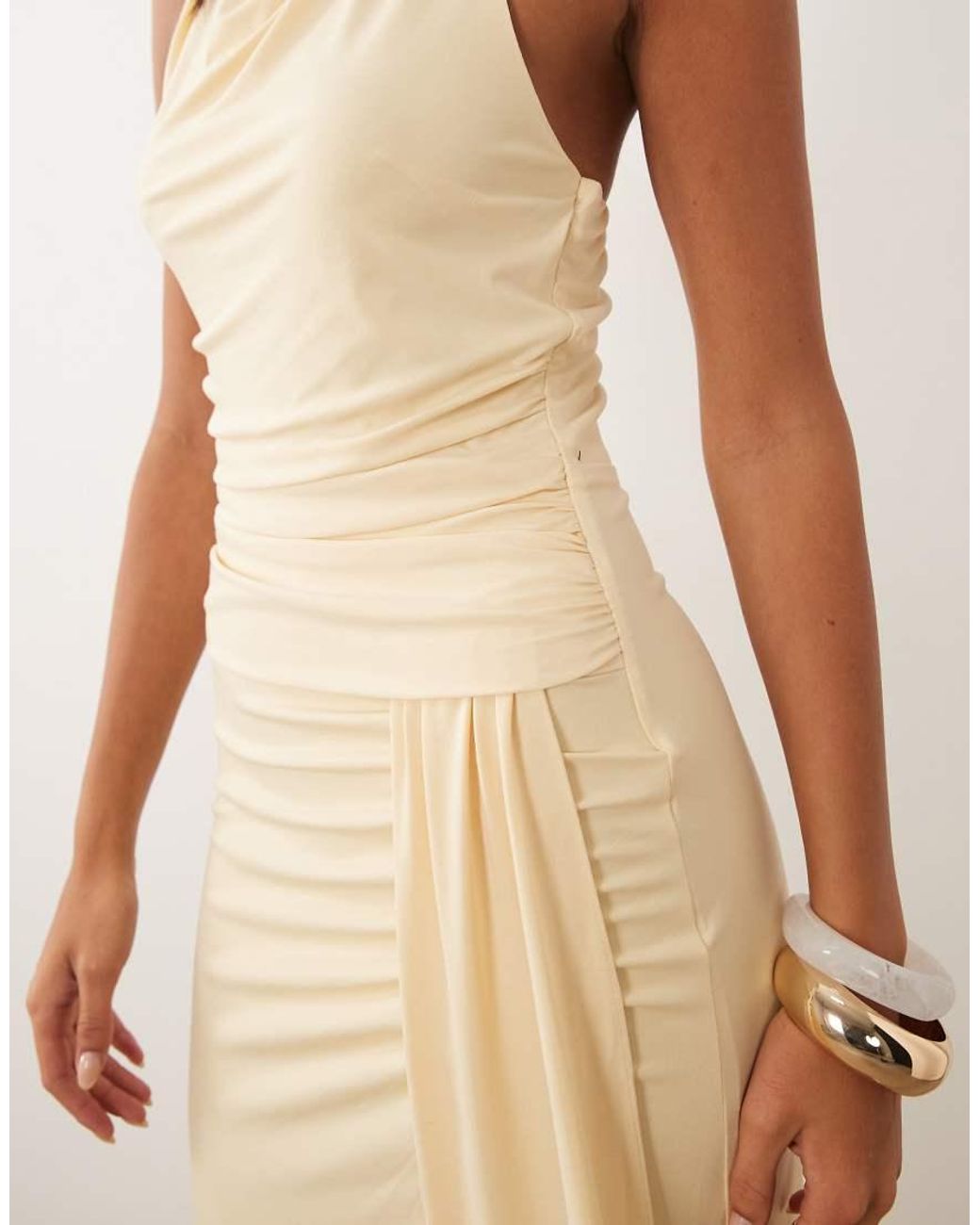 TFNC London Natural Slinky Cowl Neck Ruched Backless Ruched Detail Maxi Dress