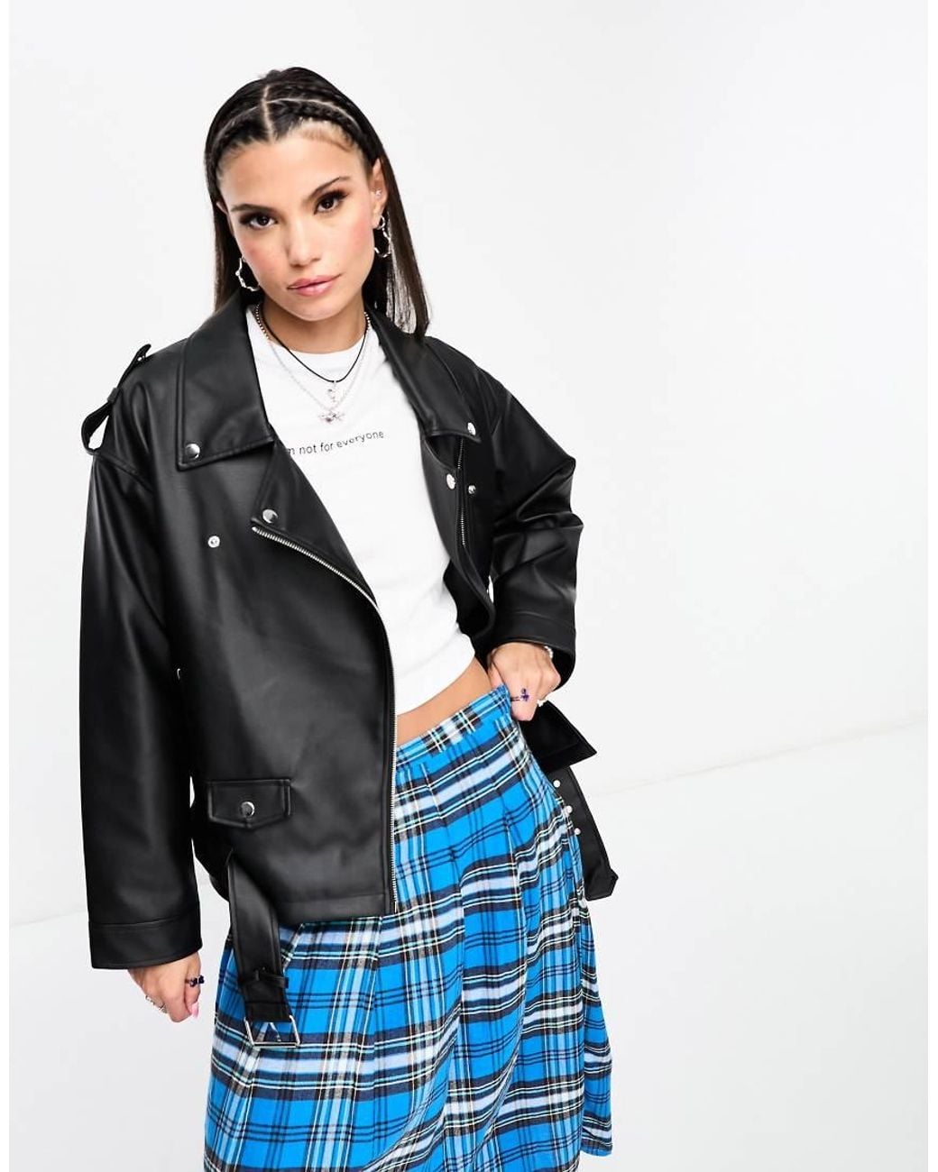 Noisy May Blue Faux Leather Oversized Biker Jacket