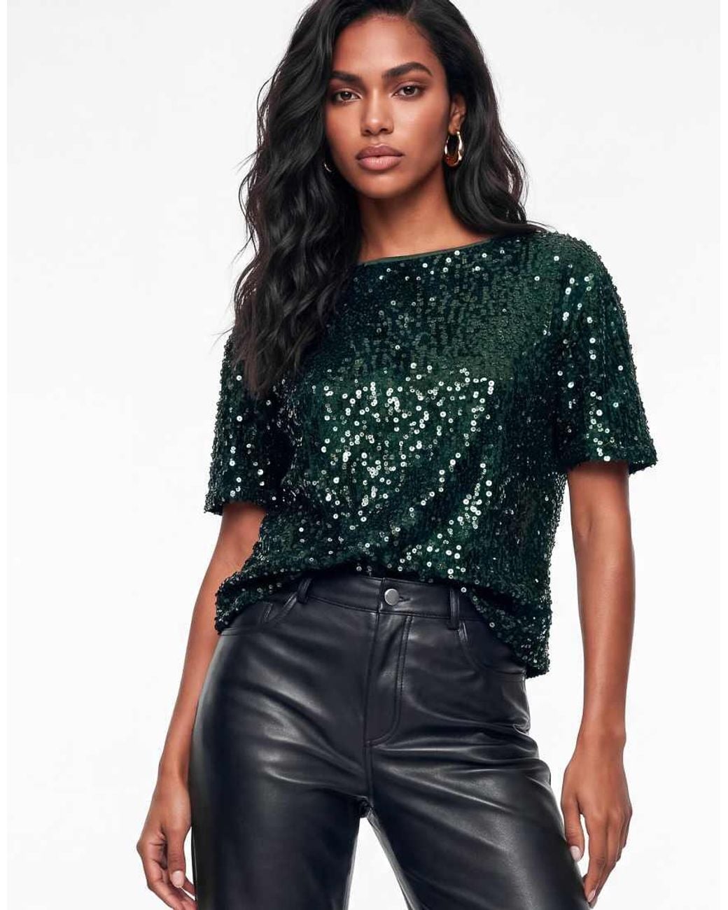 Lovedrobe Blue Embellished Velvet Short Sleeve Boxy Top
