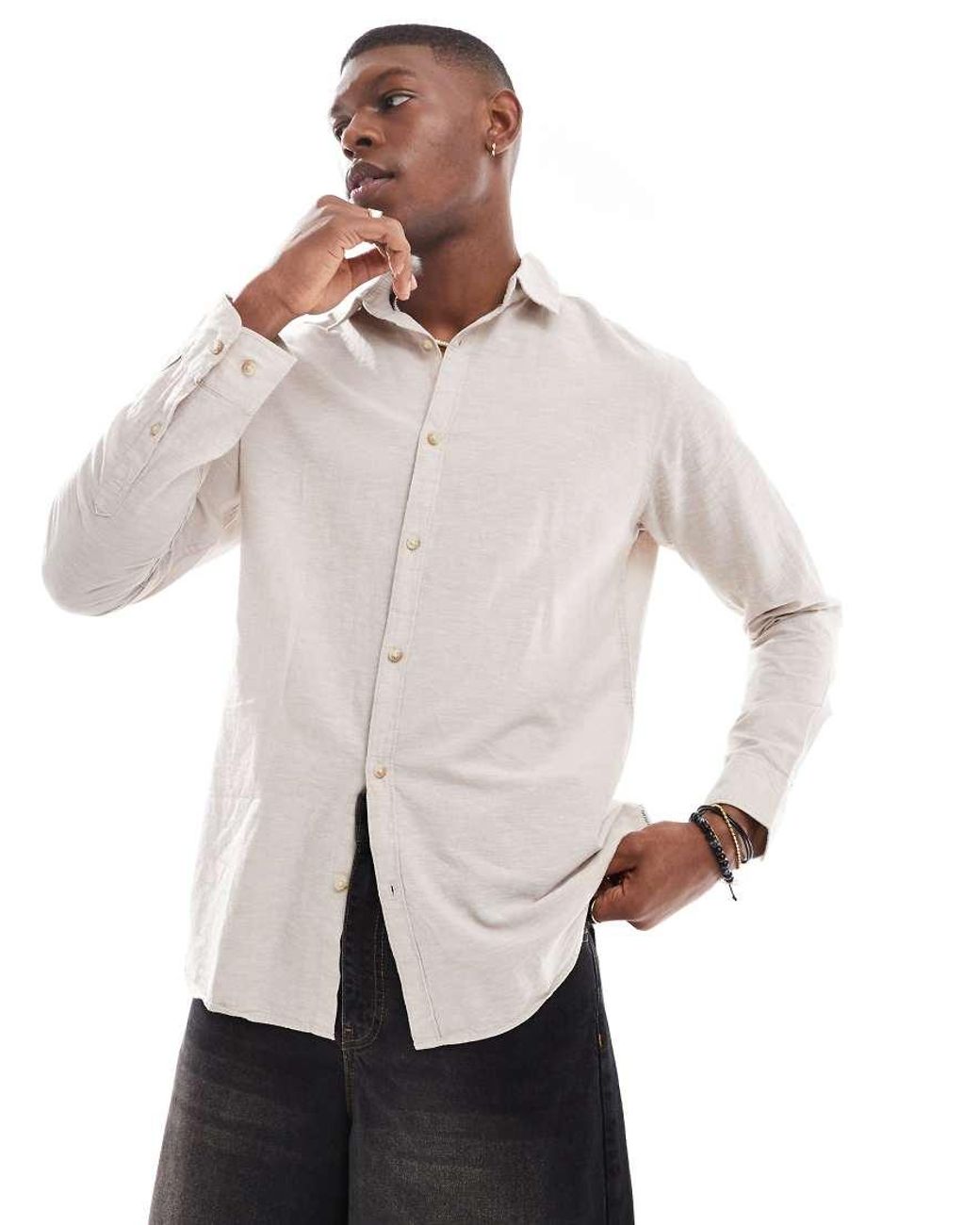 JJ Rebel White Long Sleeve Linen Blend Shirt Beige for men