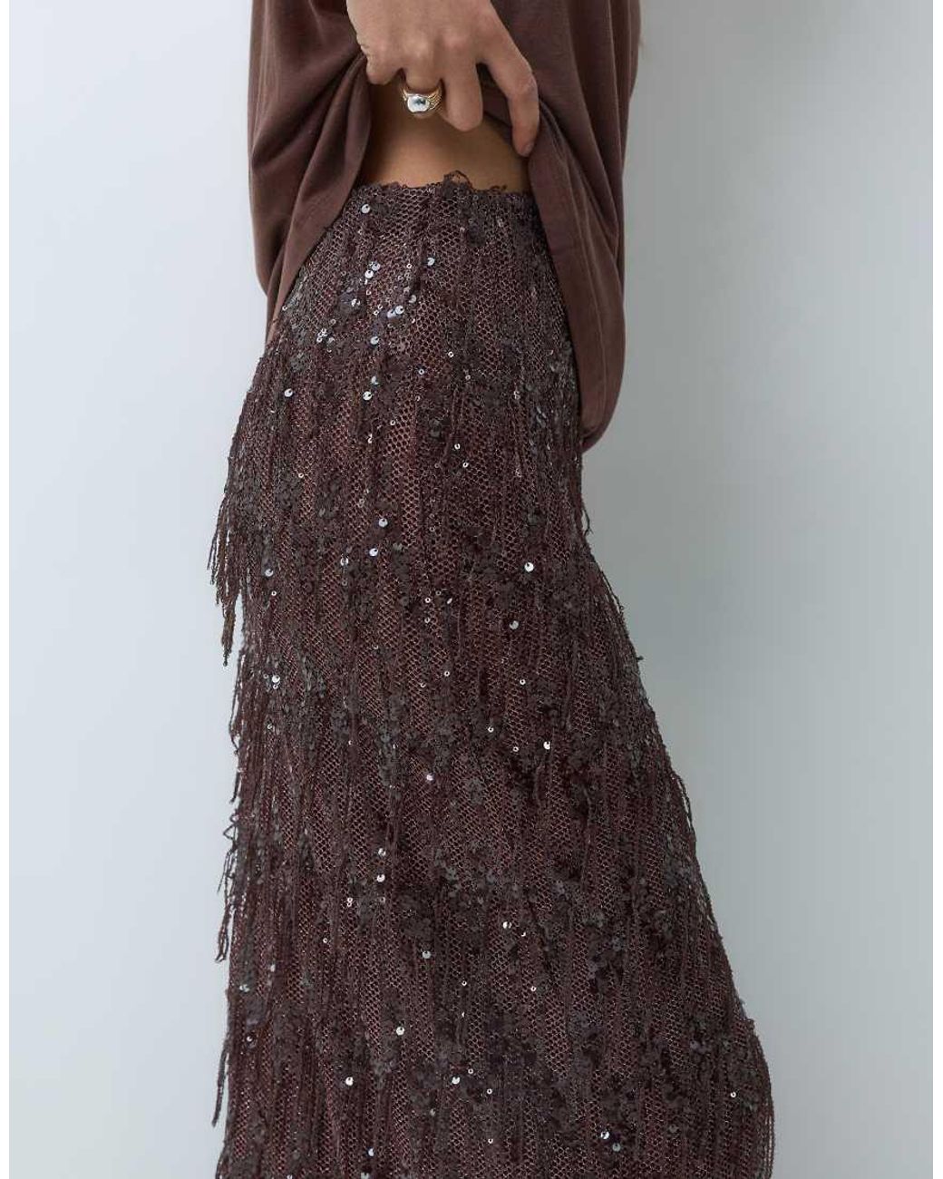 ASOS Brown Fringed Sequin High Waist Maxi Skirt