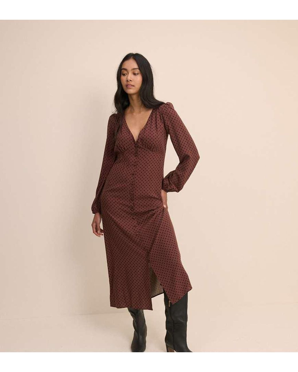 Nobody's Child Brown V Neck Balloon Sleeve Button Front Midi Dress