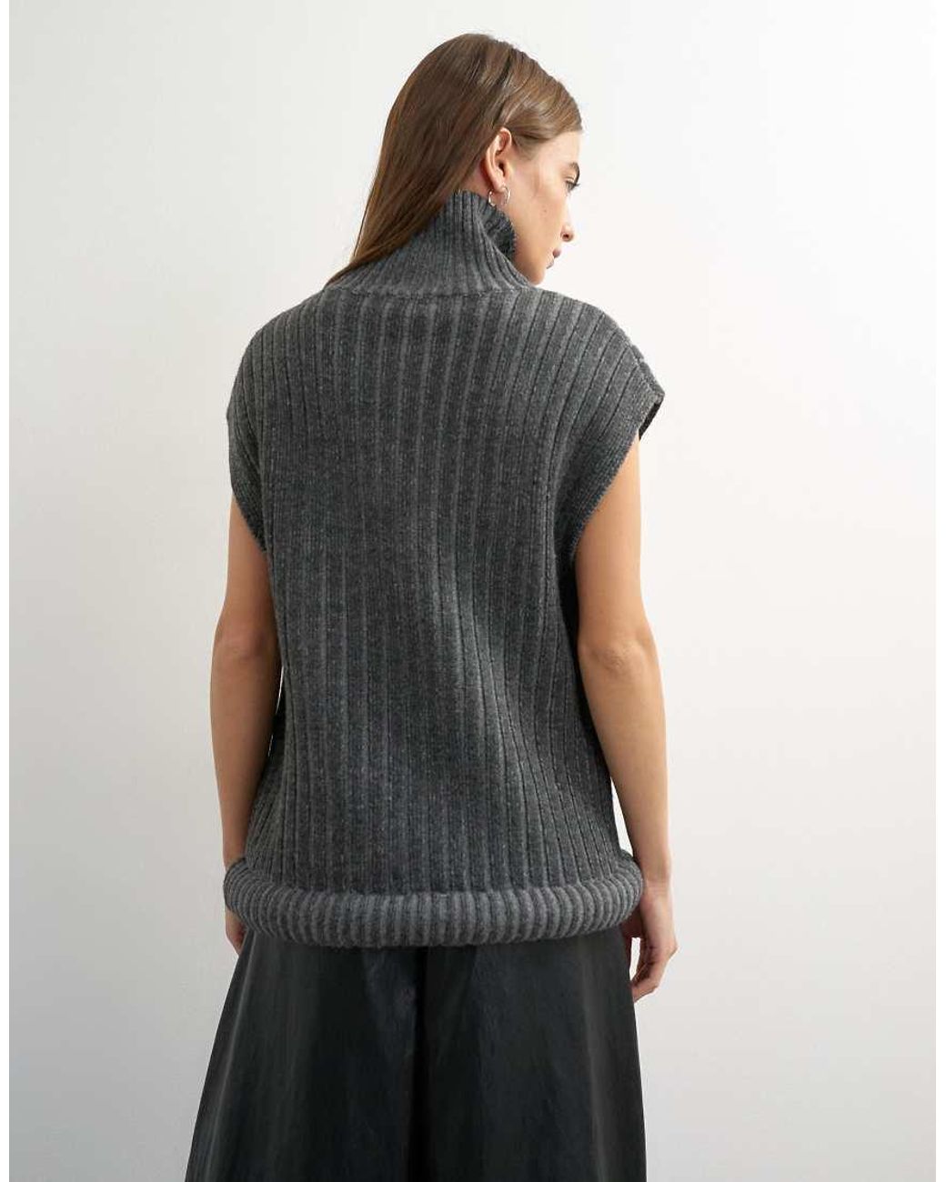 TOPSHOP Gray Knitted Ribbed Funnel Neck Wool Longline Top With Tube Hem