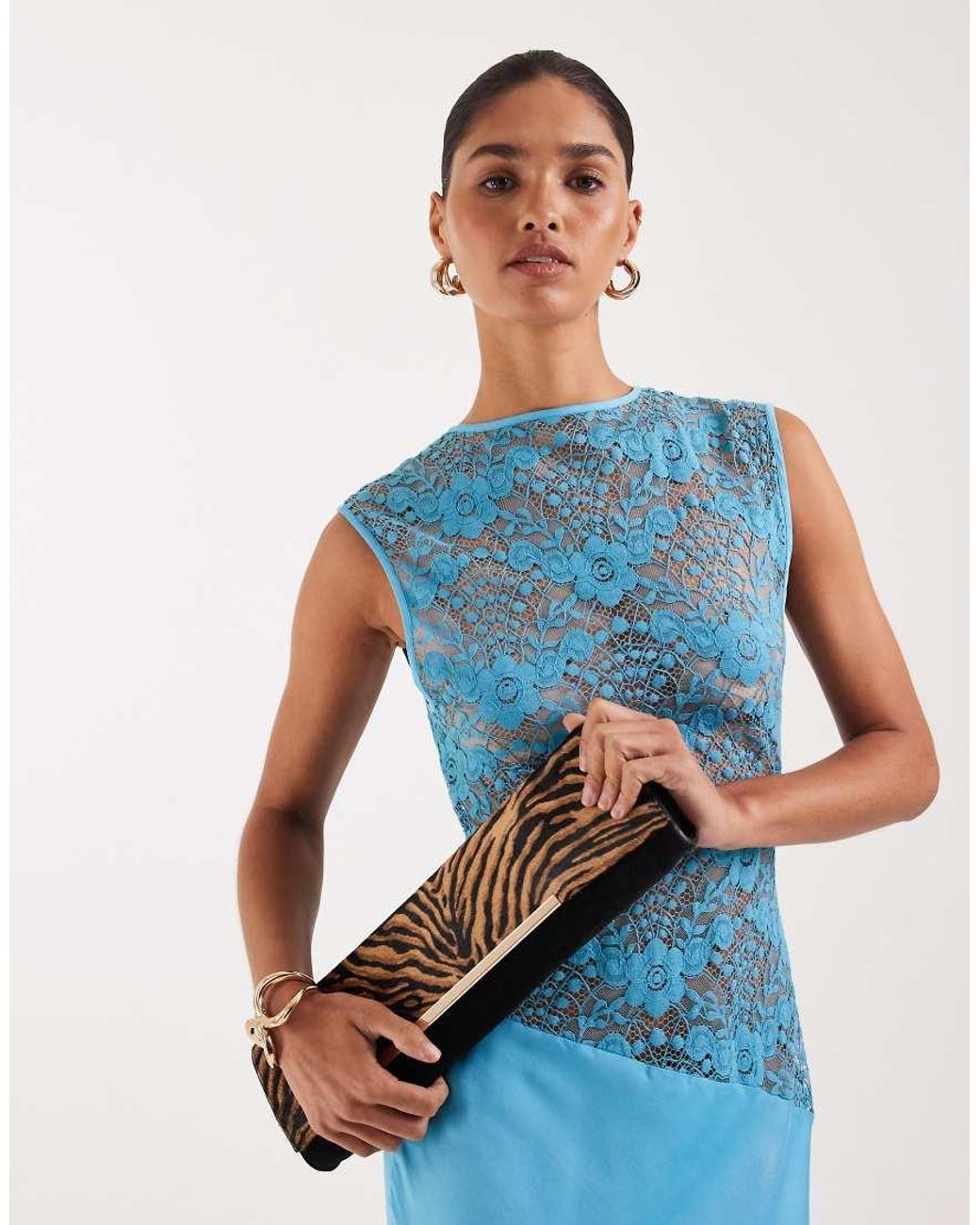 ASOS Blue Suede & Hair On Real Leather With Tiger Print Elongated Clutch Bag With Bar Detail