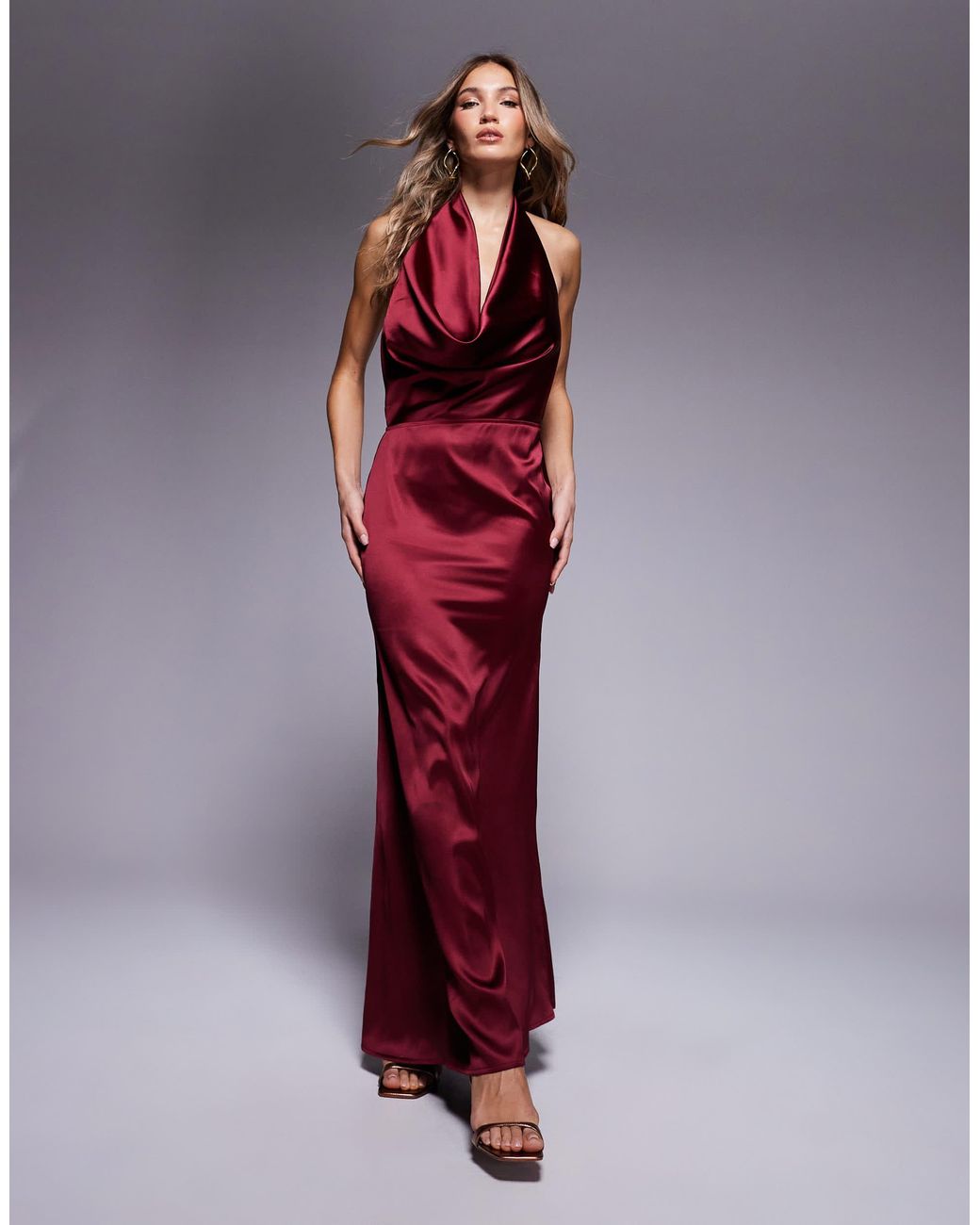 Aria Cove Exclusive Satin Deep Plunge Fishtail Maxi Dress in Red | Lyst