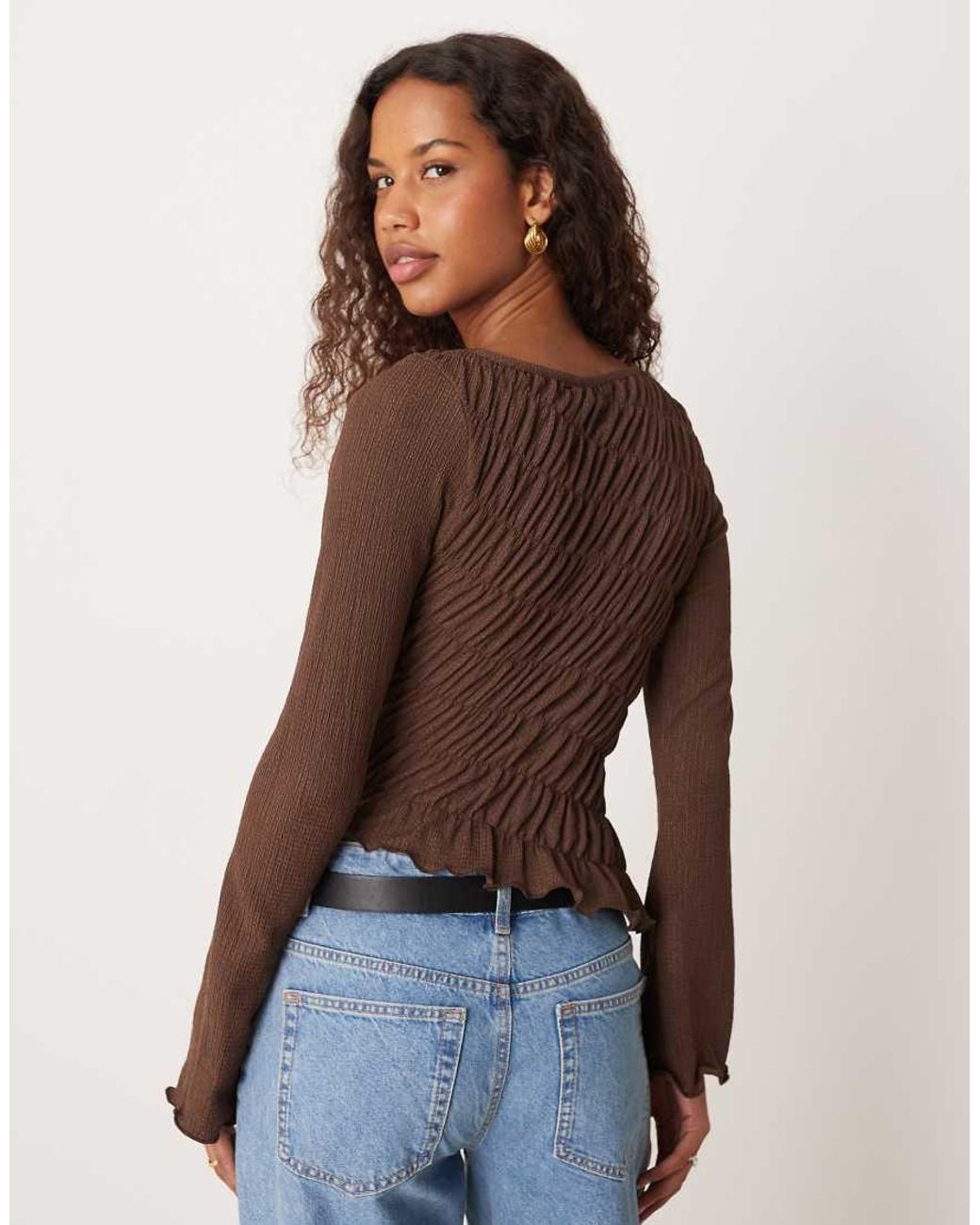 ASOS Brown Shirred Flare Long Sleeve Top