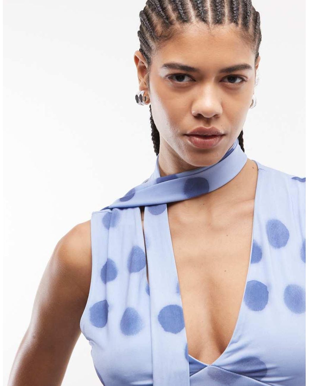 Reclaimed Vintage Blue Polka Dot Jersey Scarf Mini Dress