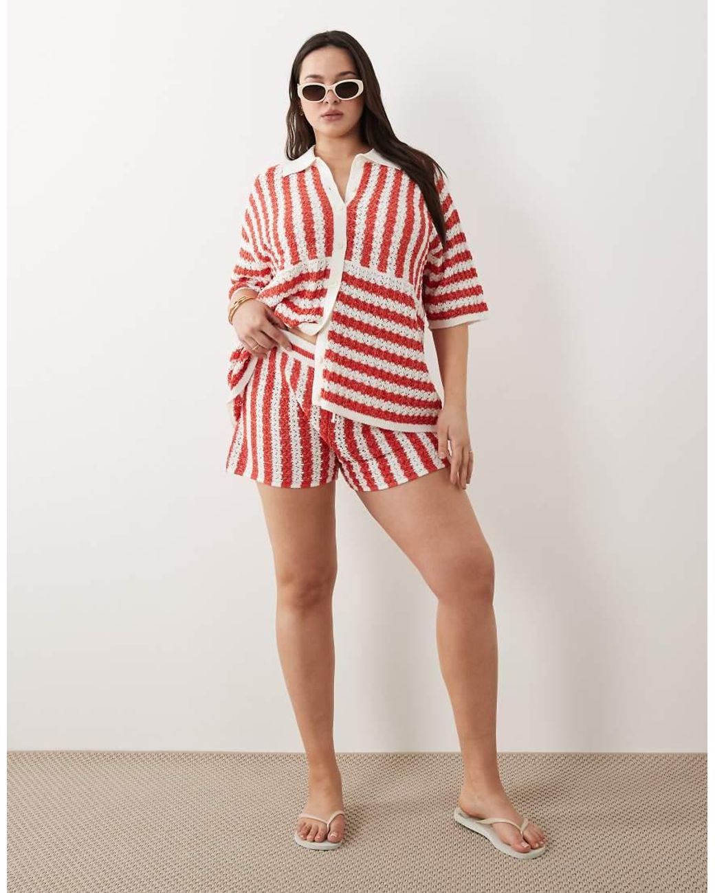 ASOS Red Asos Design Curve Beach Knit Button Up Top