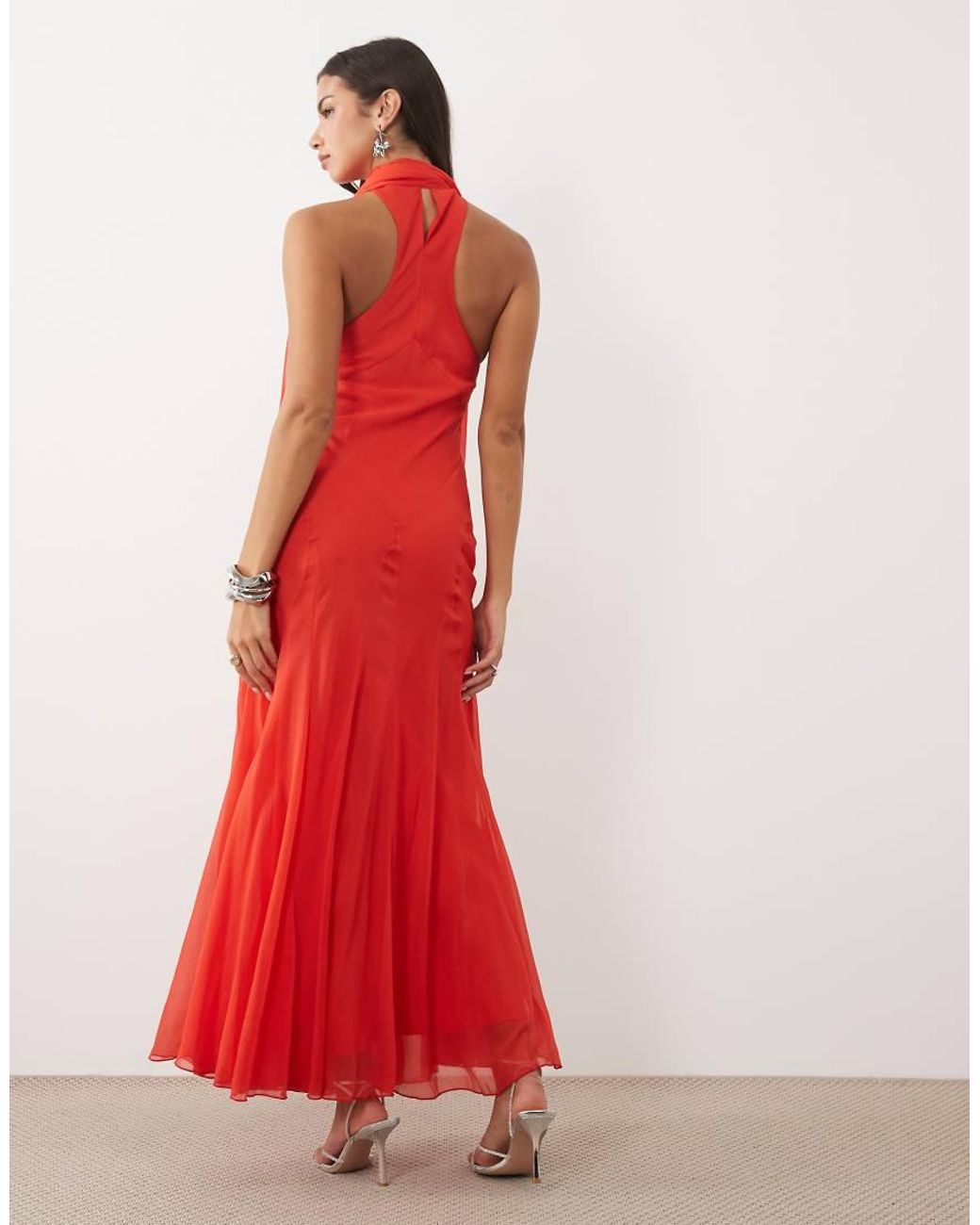 ASOS Red Volume Halter Maxi Dress With Scarf