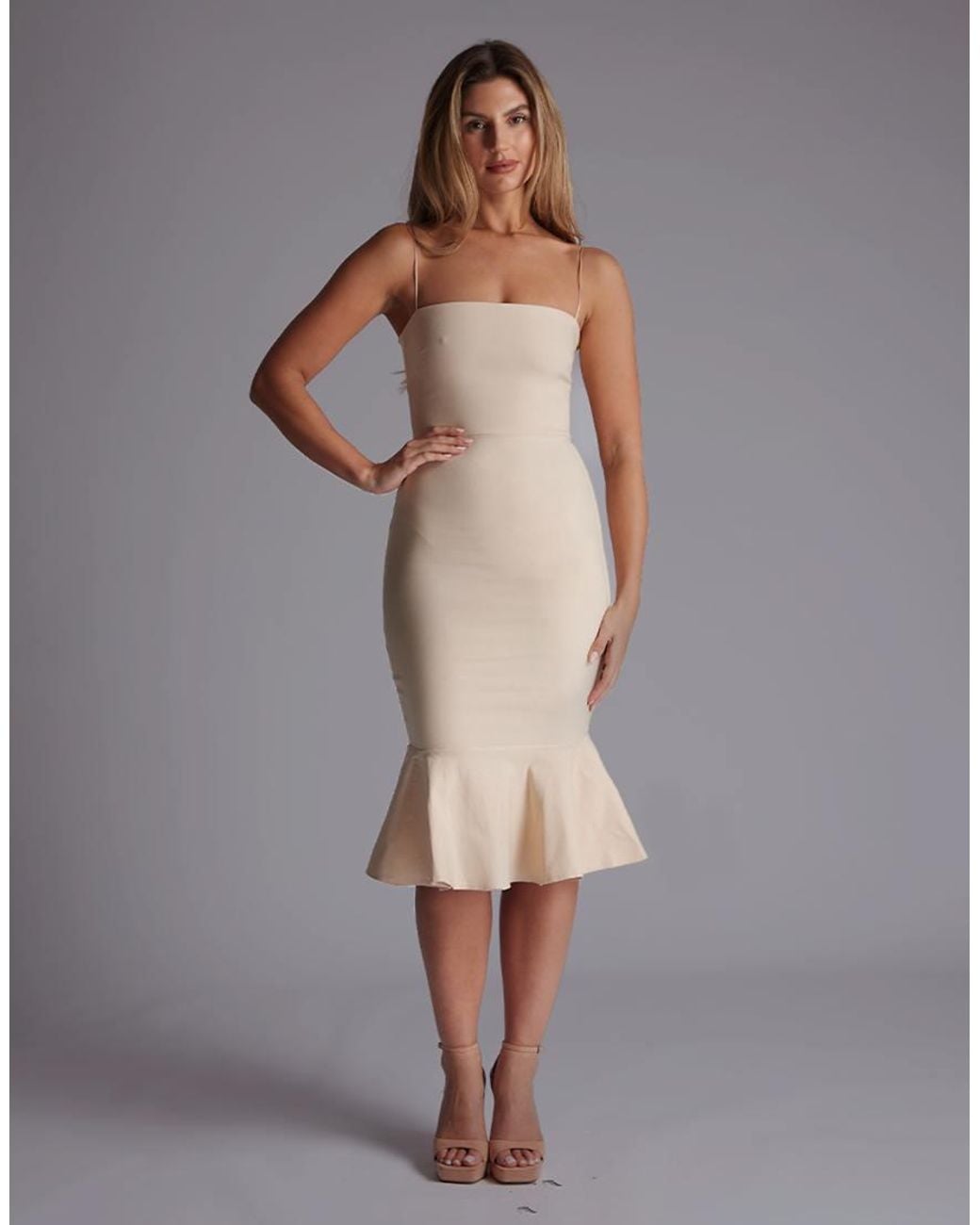 Vesper Gray Square Neckline Frill Hem Midi Dress