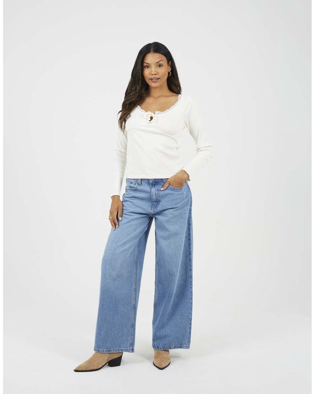 Brave Soul White Ribbed Long Sleeve Top With Lace Trim