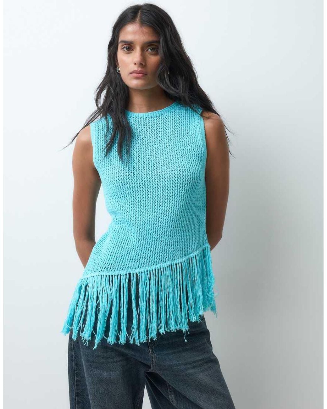 Miss Selfridge Blue Knitted Top With Fringing