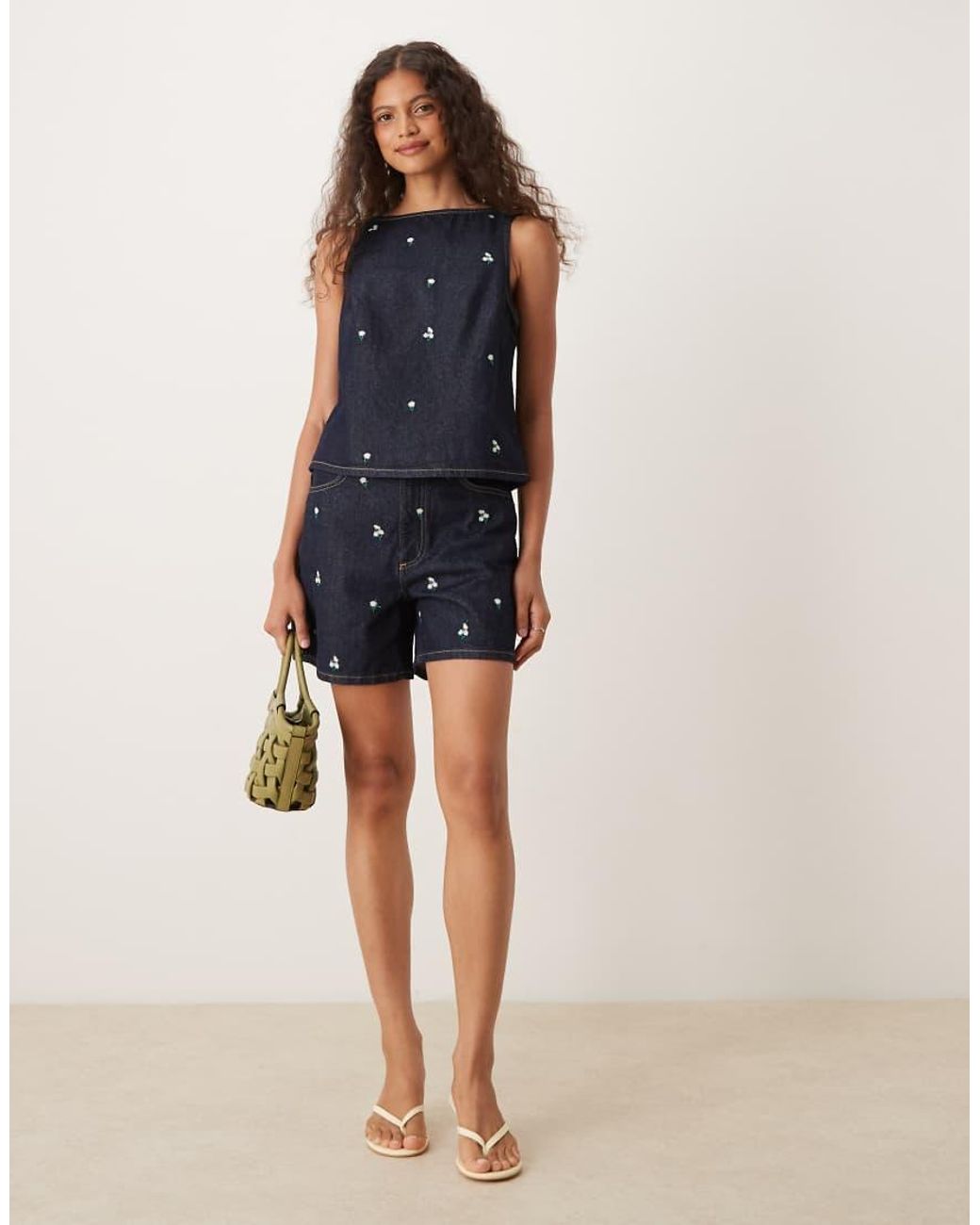 ASOS Blue Denim Shift Top With Embroidered Ditsy Floral Co-ord
