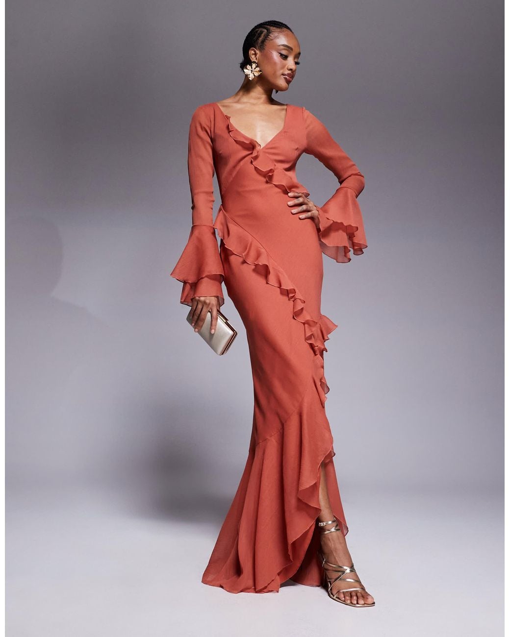 ASOS Asos Design Tall V Neck Long Sleeve Ruffle Maxi Dress With Cut Out  Back in Red | Lyst