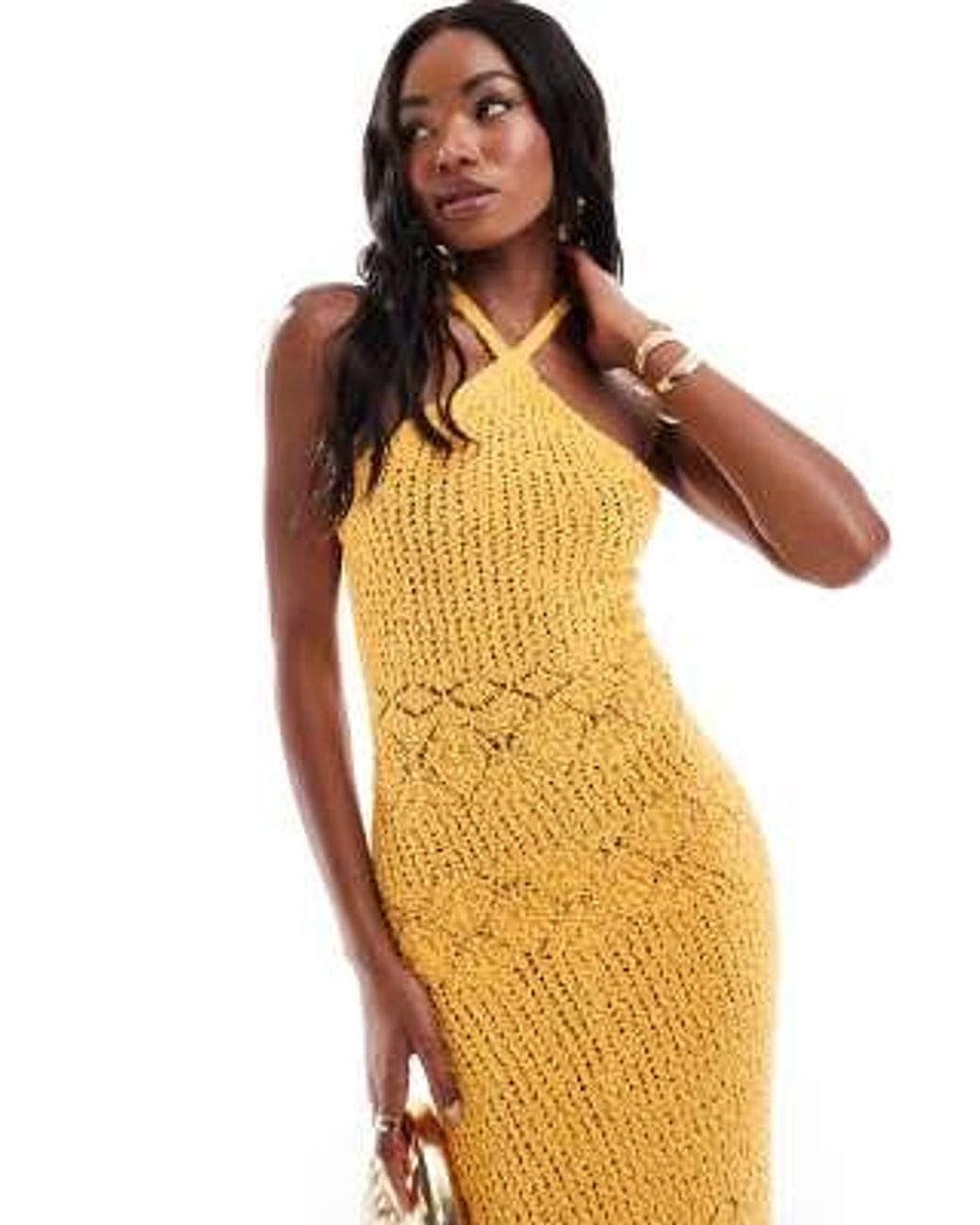 Bershka Textured Halterneck Knitted Maxi Dress in Metallic | Lyst