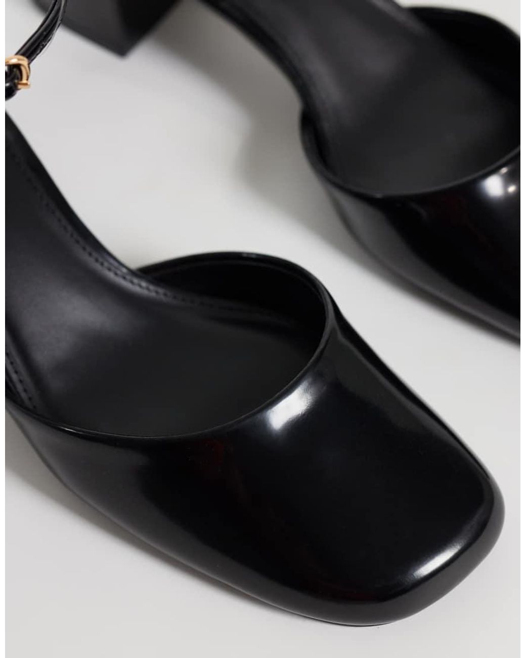 Mango Black Patent Leather Effect Round Toe Block Heeled Shoe