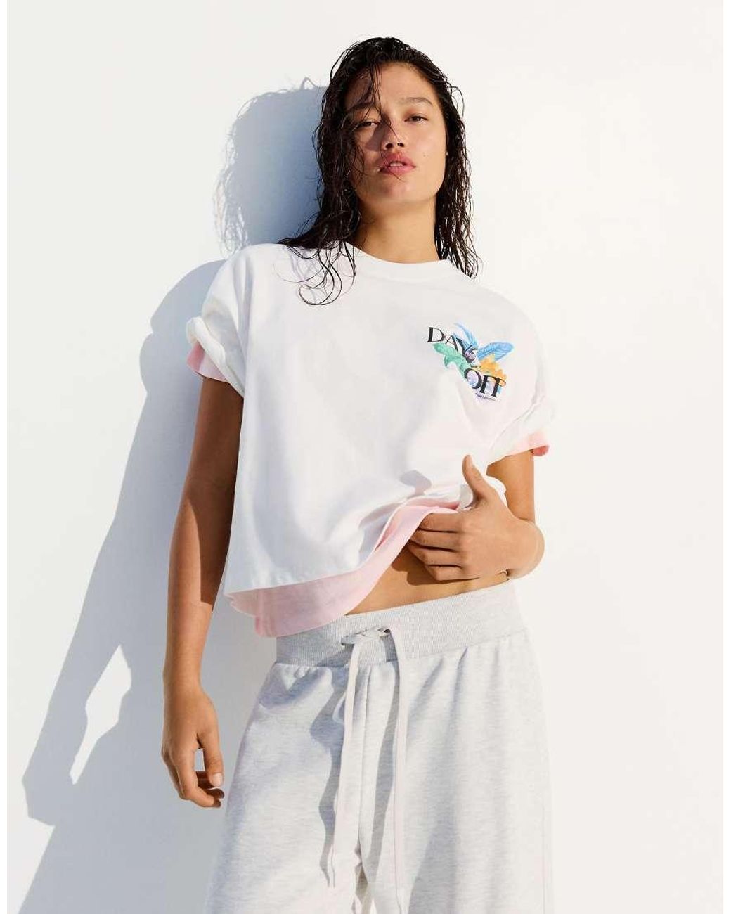 Bershka White Oversize Short Sleeve Print T-shirt