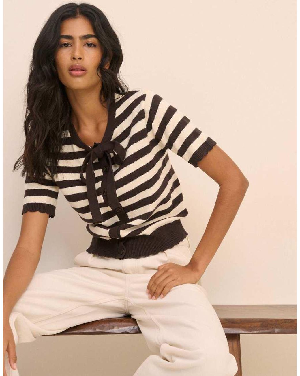 Nobody's Child Black Stripe Cotton Short Sleeve Tie Neck Cardigan