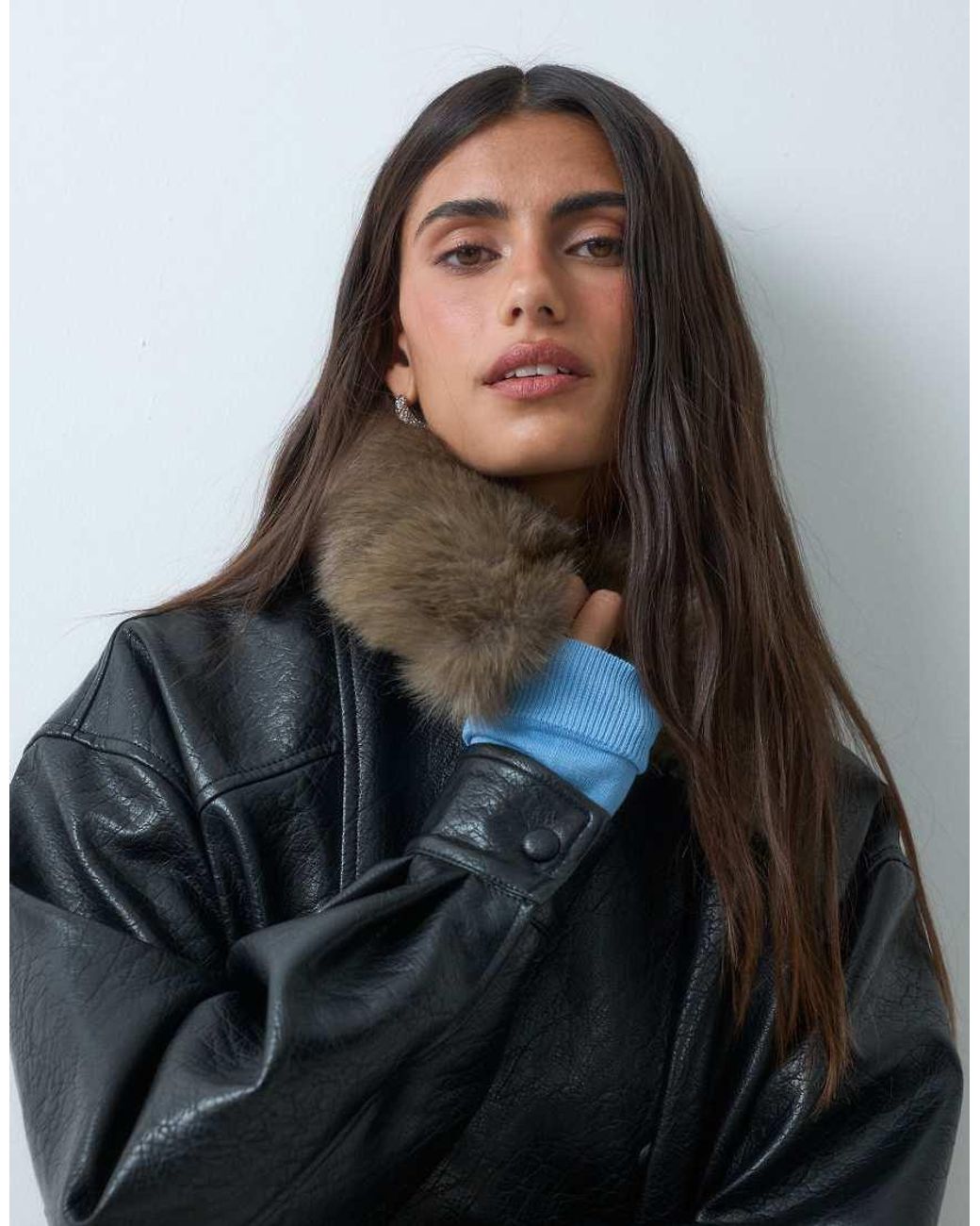 ASOS Blue Leather Look Biker Jacket With Tan Faux Fur Collar