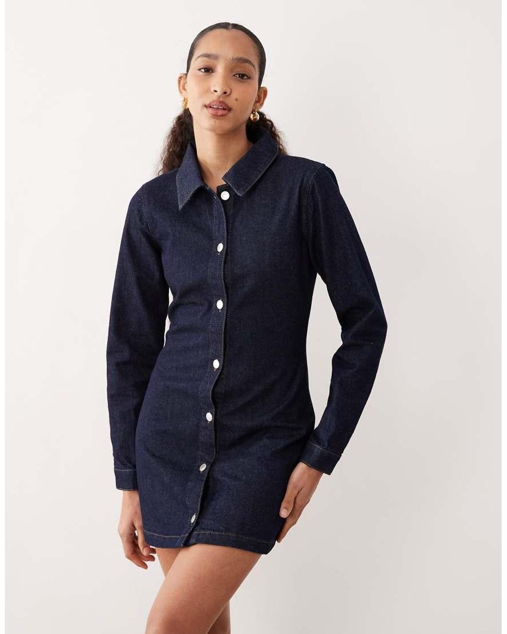 ASOS Blue Fitted Denim Shirt Dress With Long Sleeve