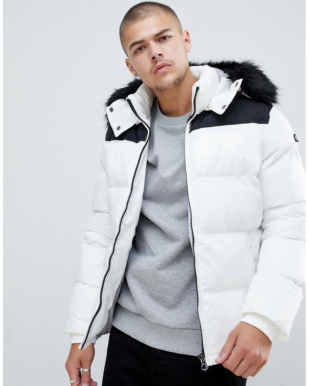 Schott Nyc Puffer Jacket Detachable Hood & Faux Fur Trim 2 Tone Slim Fit In  White/black for Men | Lyst Australia