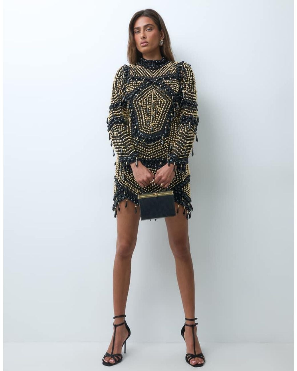 ASOS Gray Pearl Embellished Long Sleeve Mini Dress